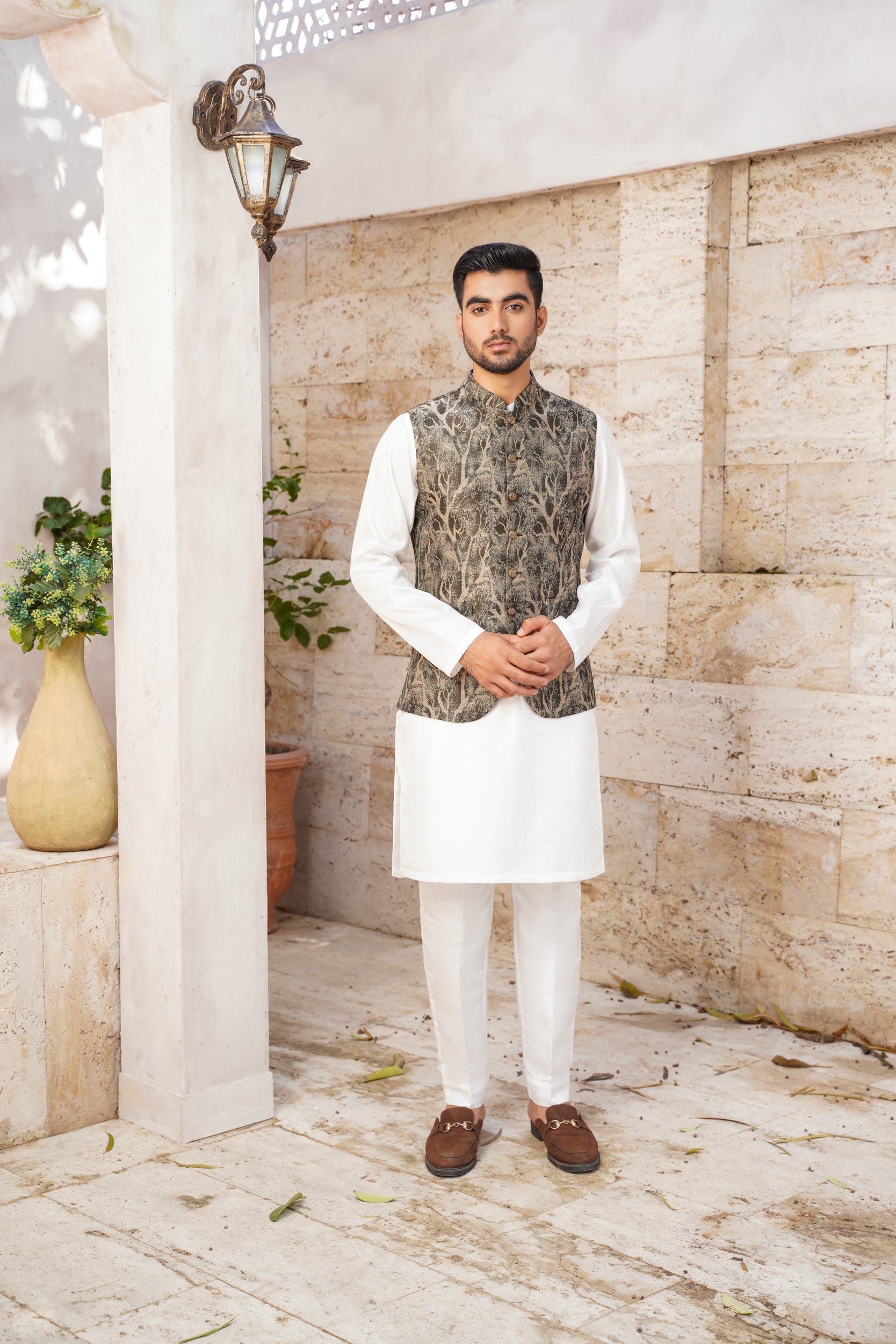 Pictorial embosed black base waistcoat