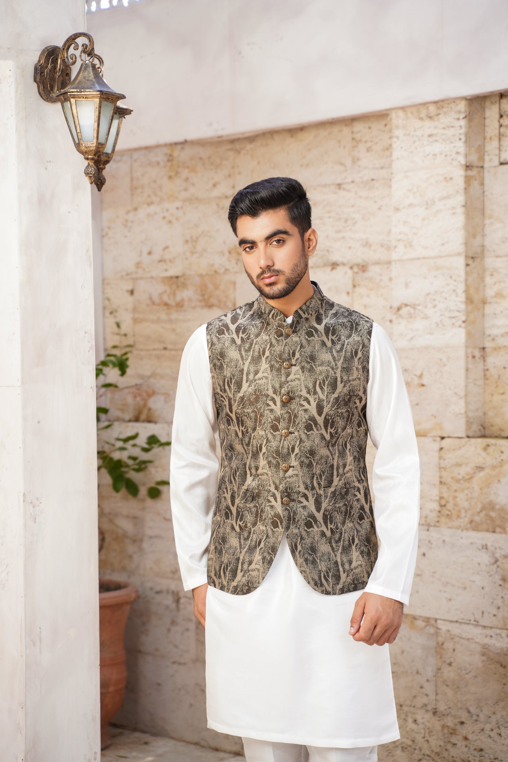 Pictorial embosed black base waistcoat