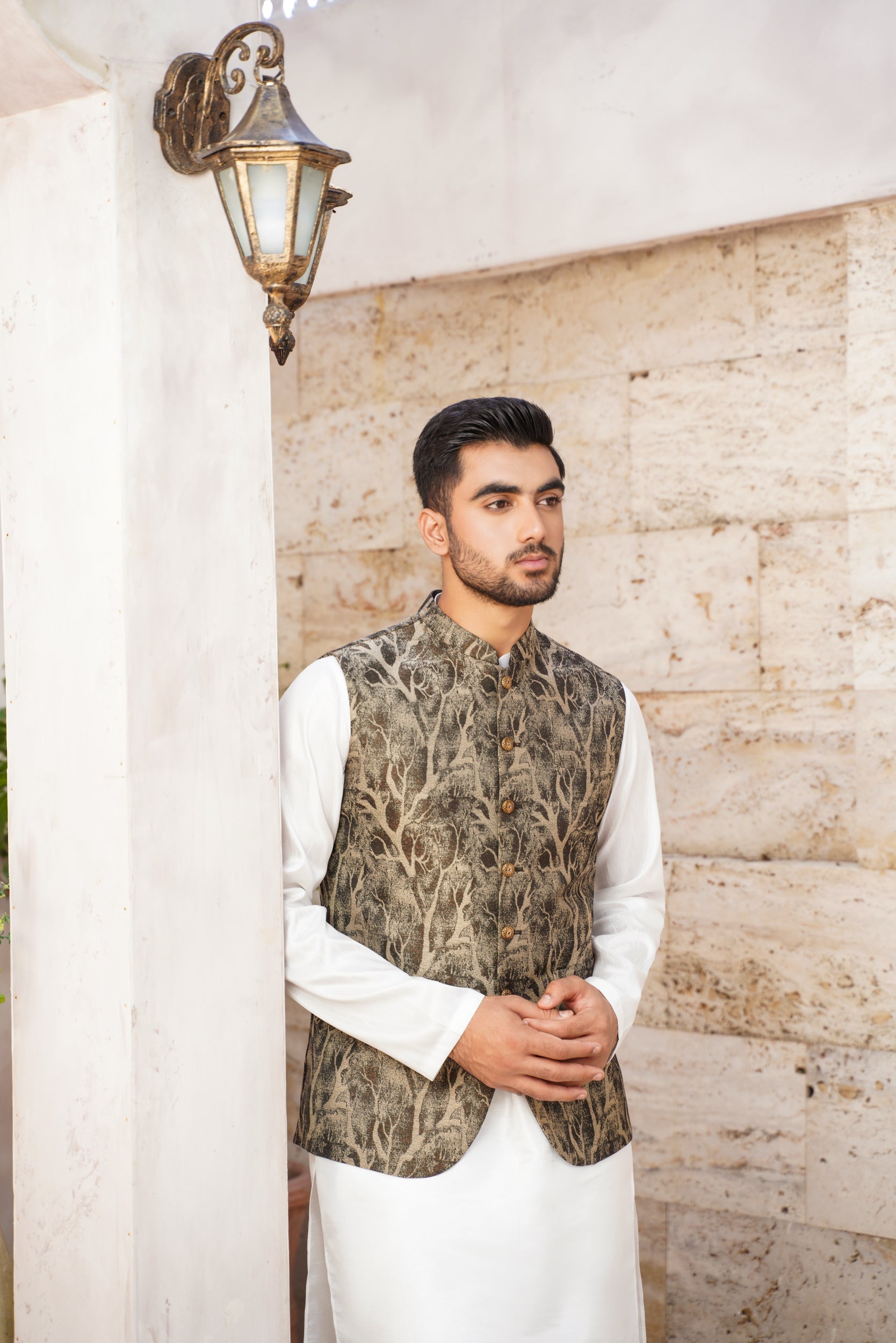 Pictorial embosed black base waistcoat