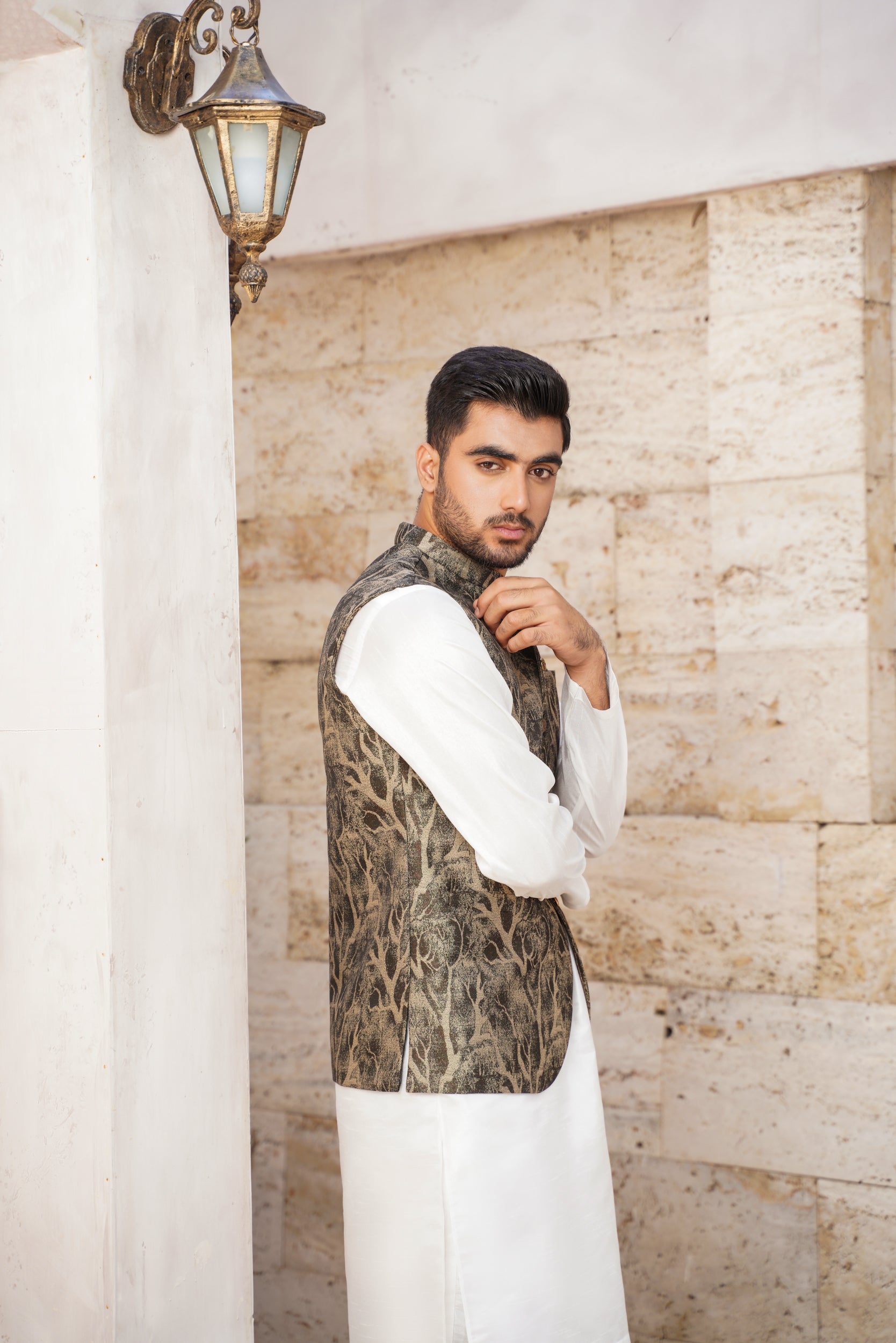 Pictorial embosed black base waistcoat