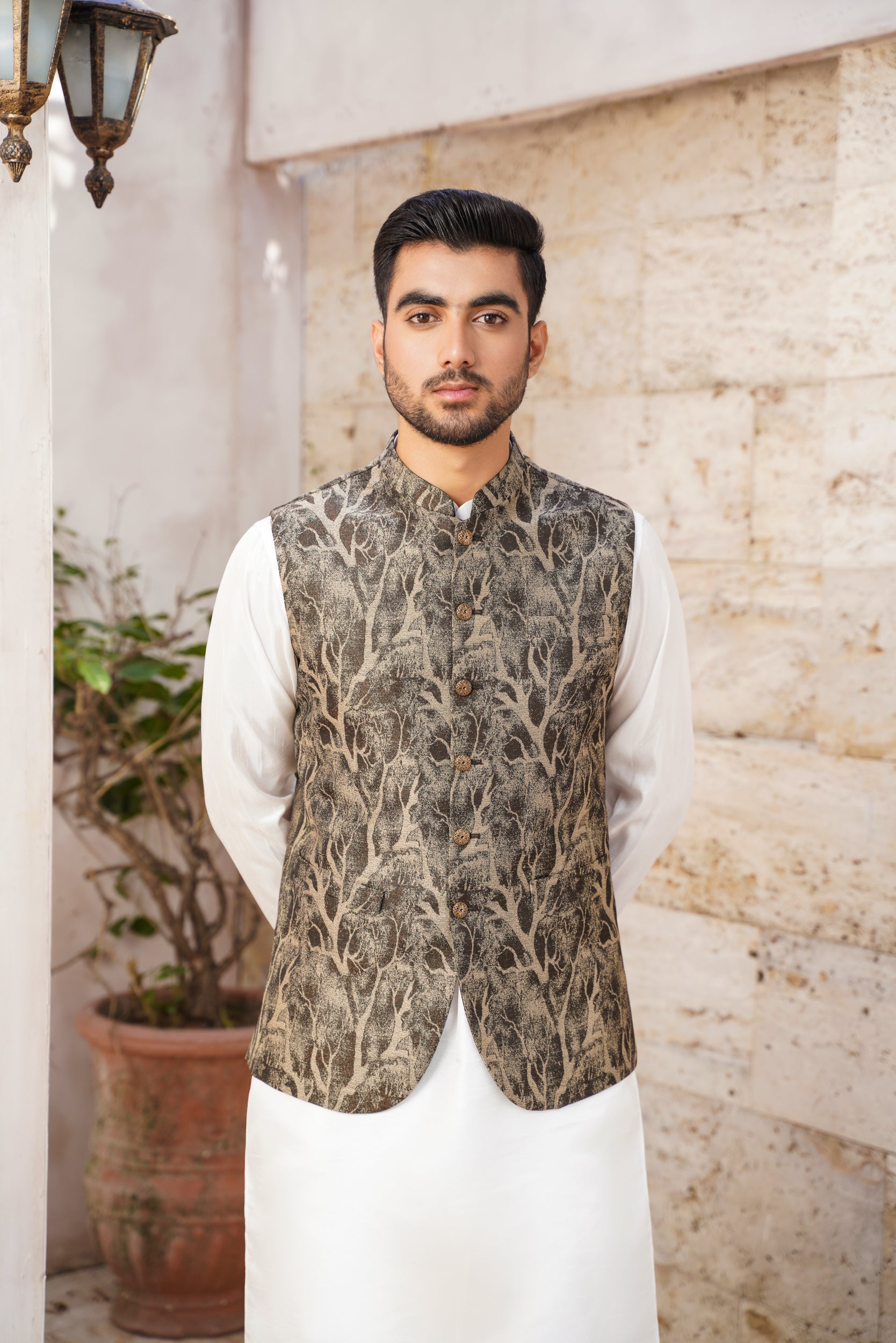 Pictorial embosed black base waistcoat