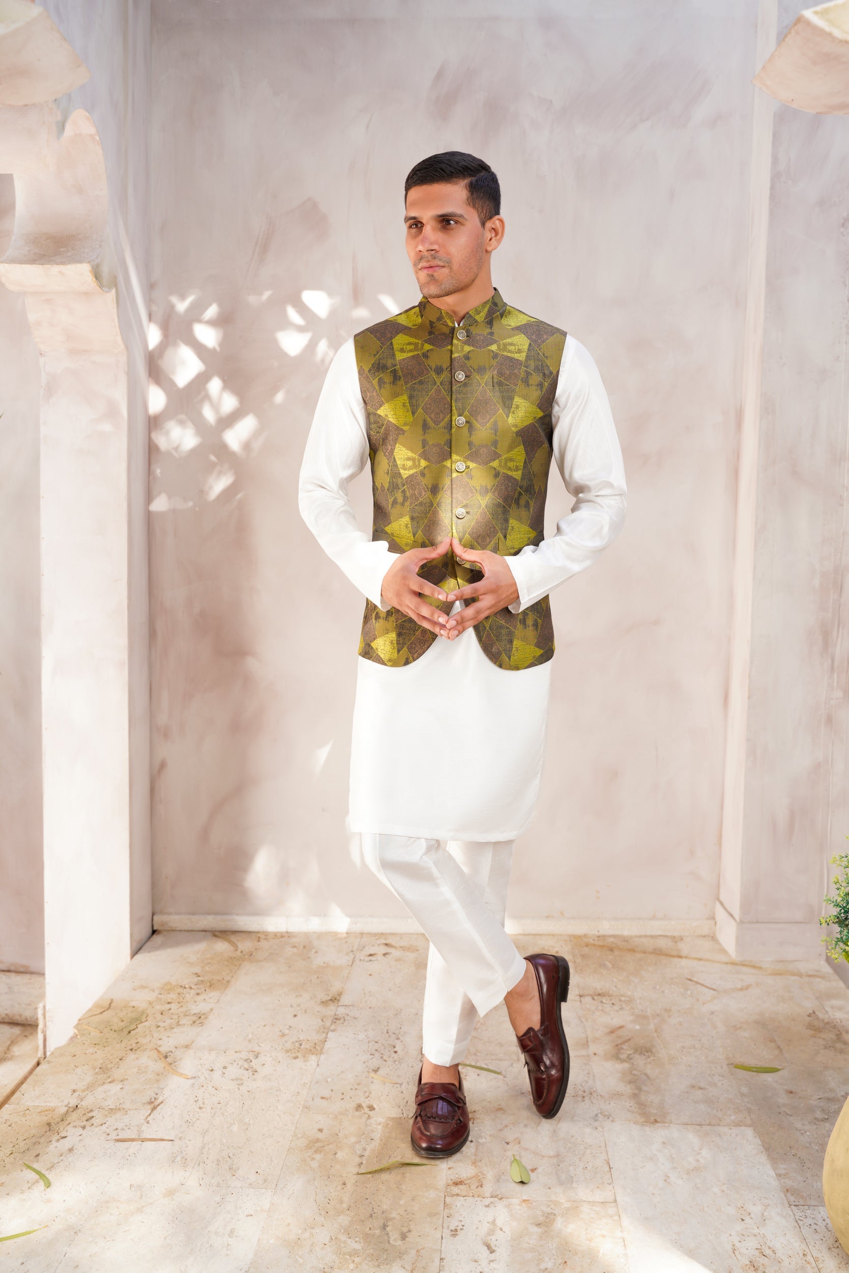 Green Geometrical Pattern  Waistcoat