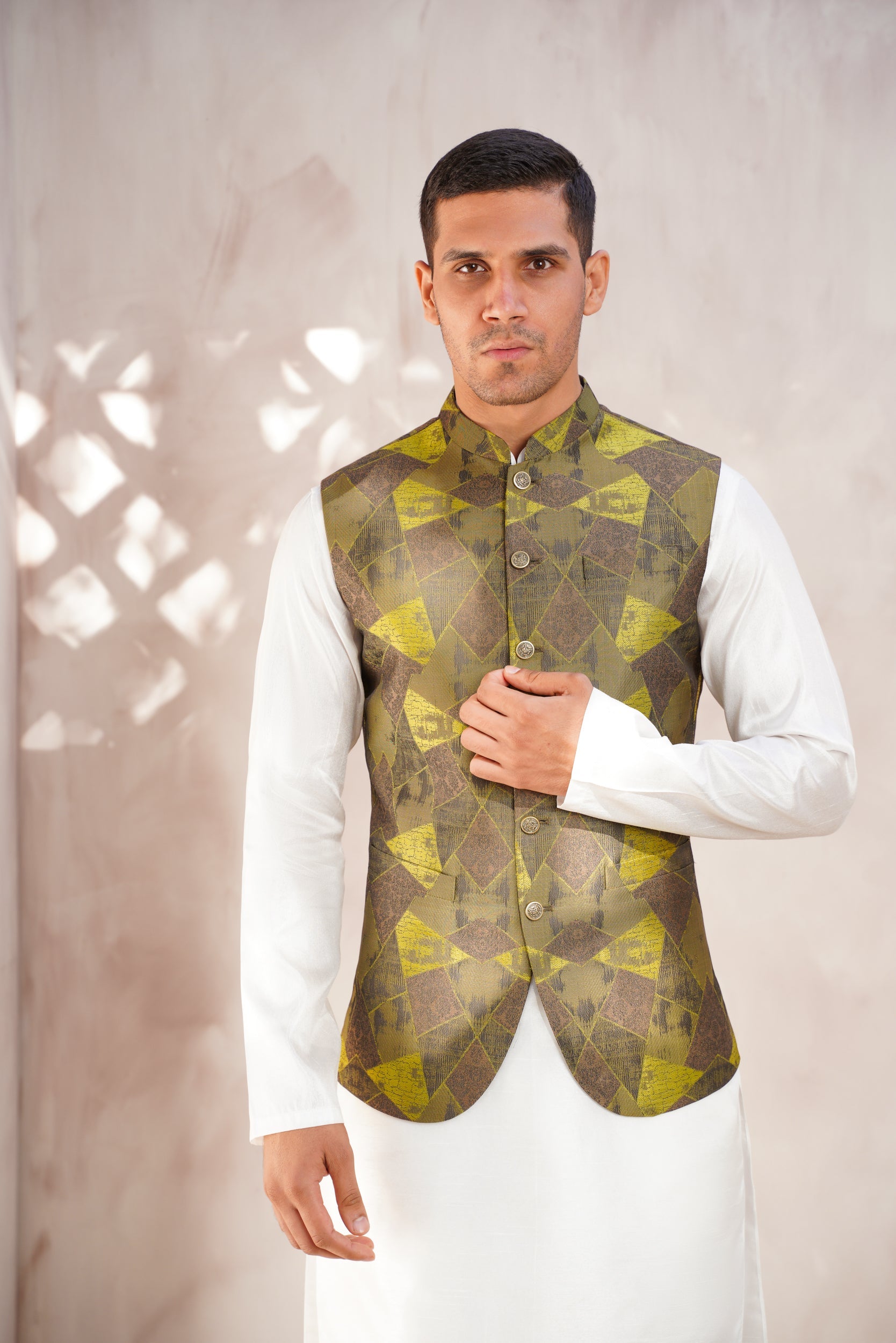 Green Geometrical Pattern  Waistcoat