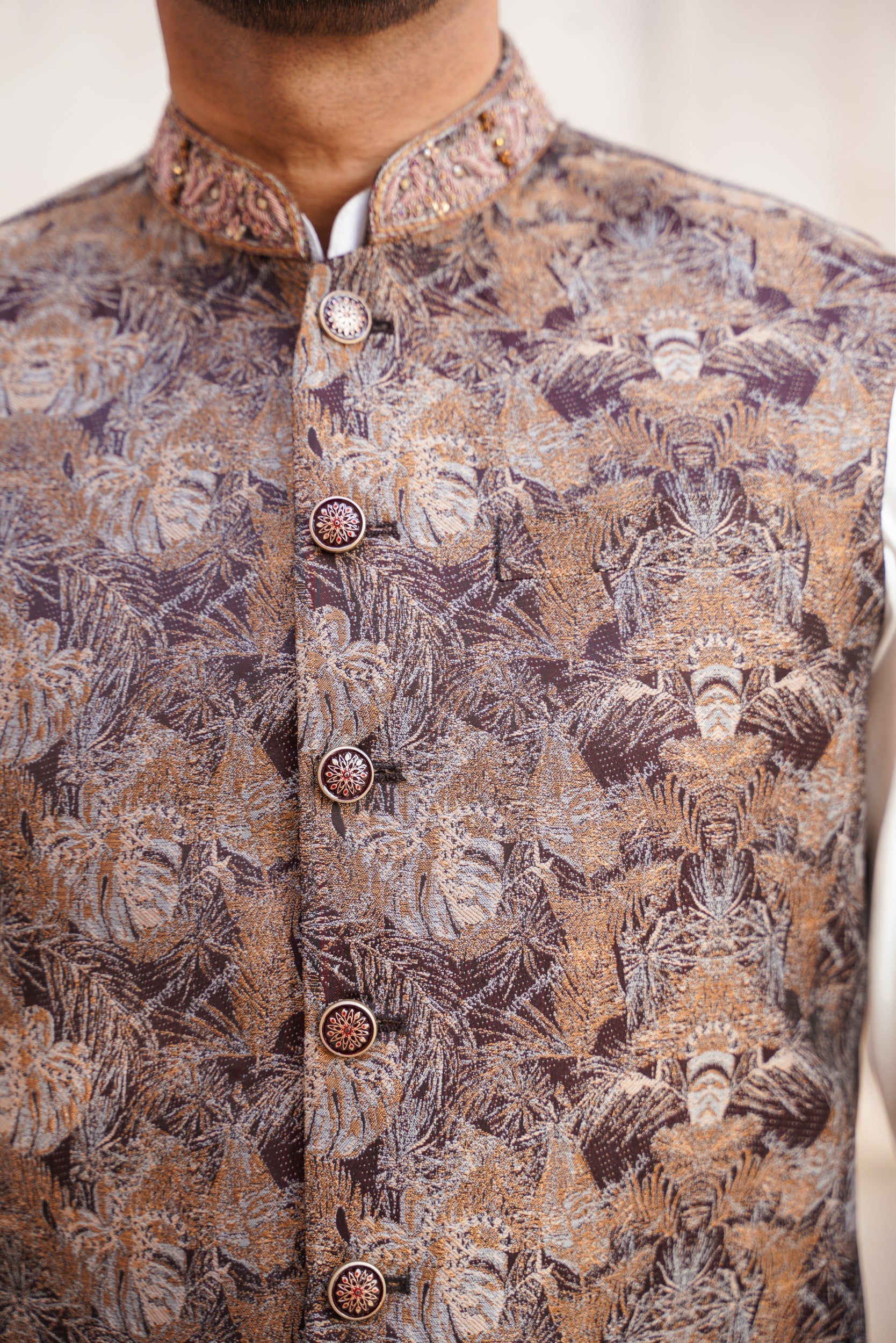 Embellished ban Brown jaquard waistcoat