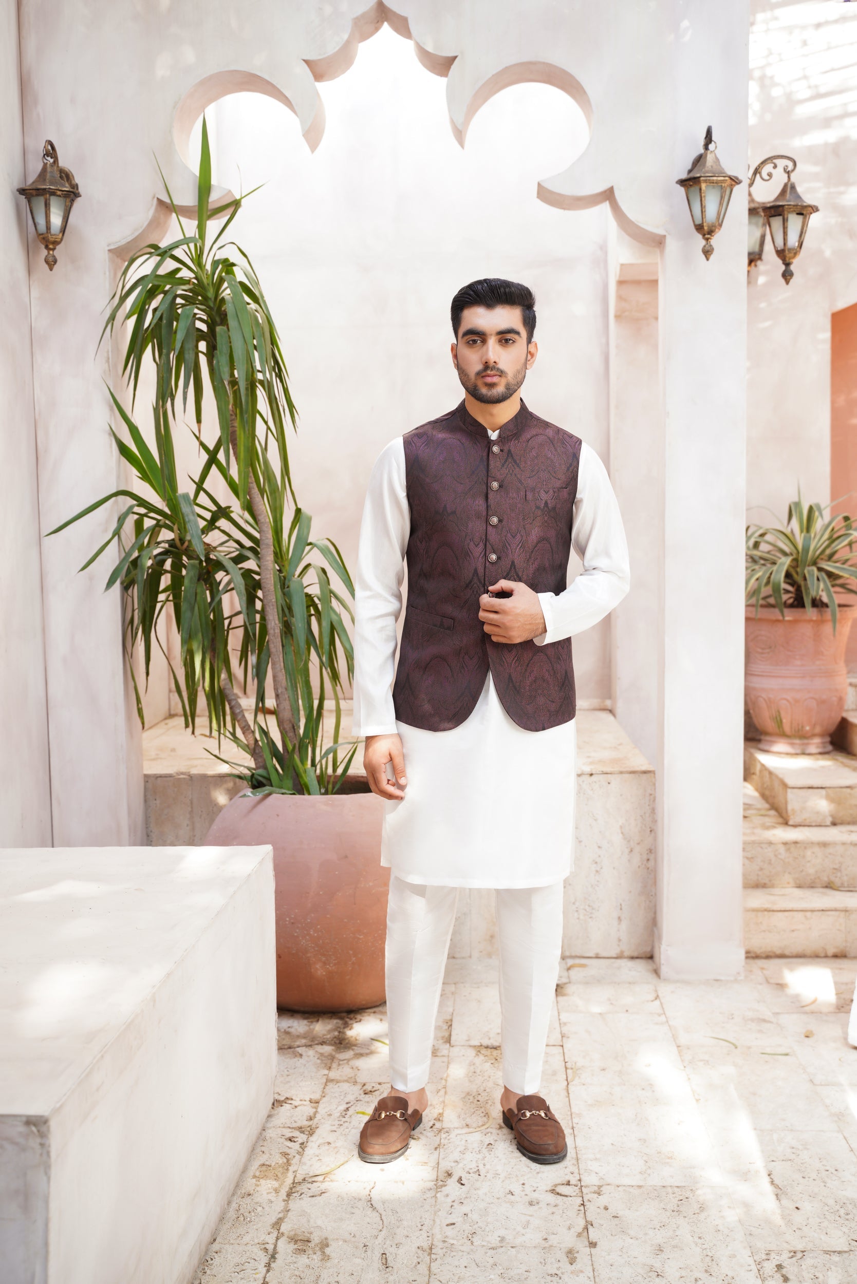 Maroon black self patterned waistcoat