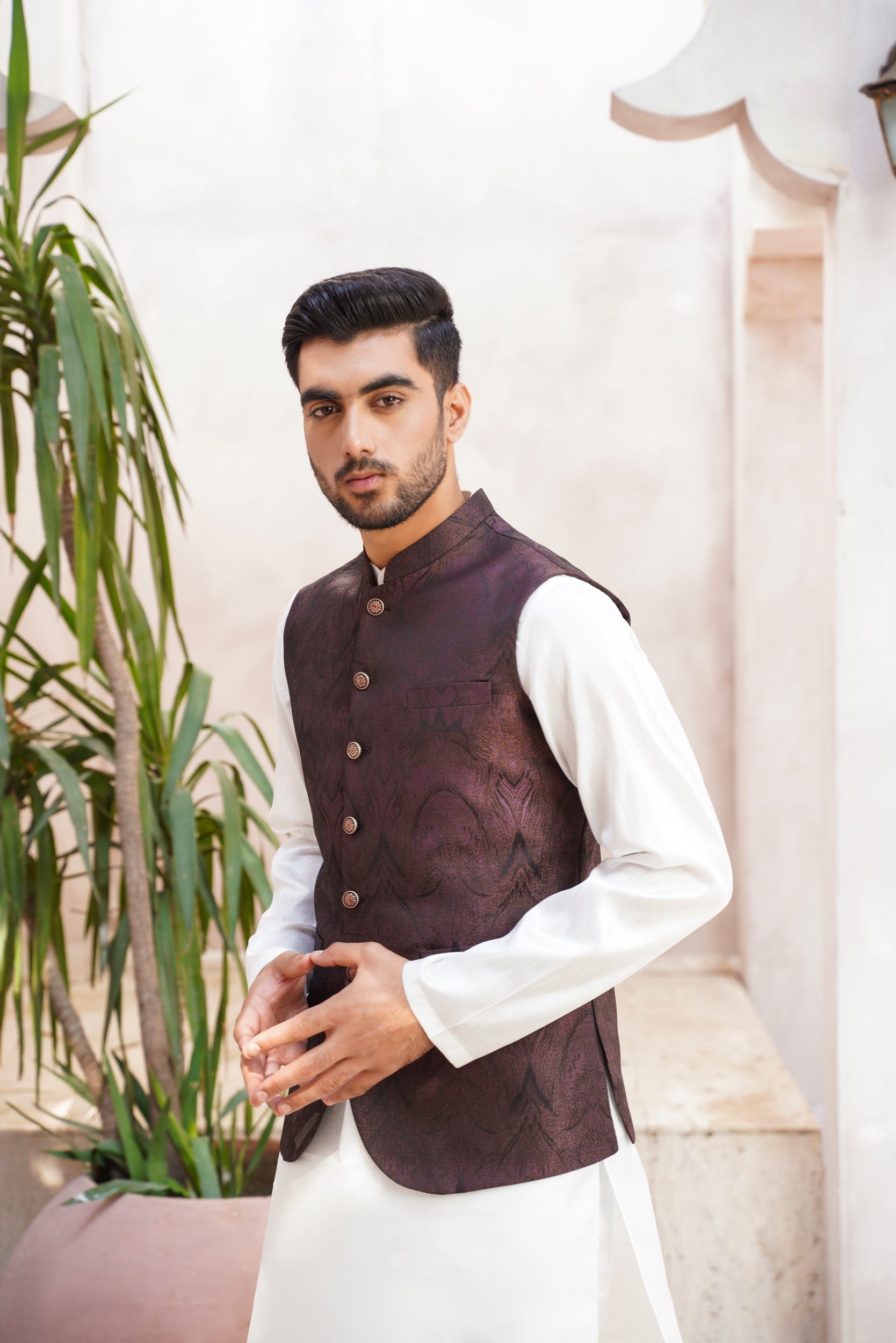 Maroon black self patterned waistcoat