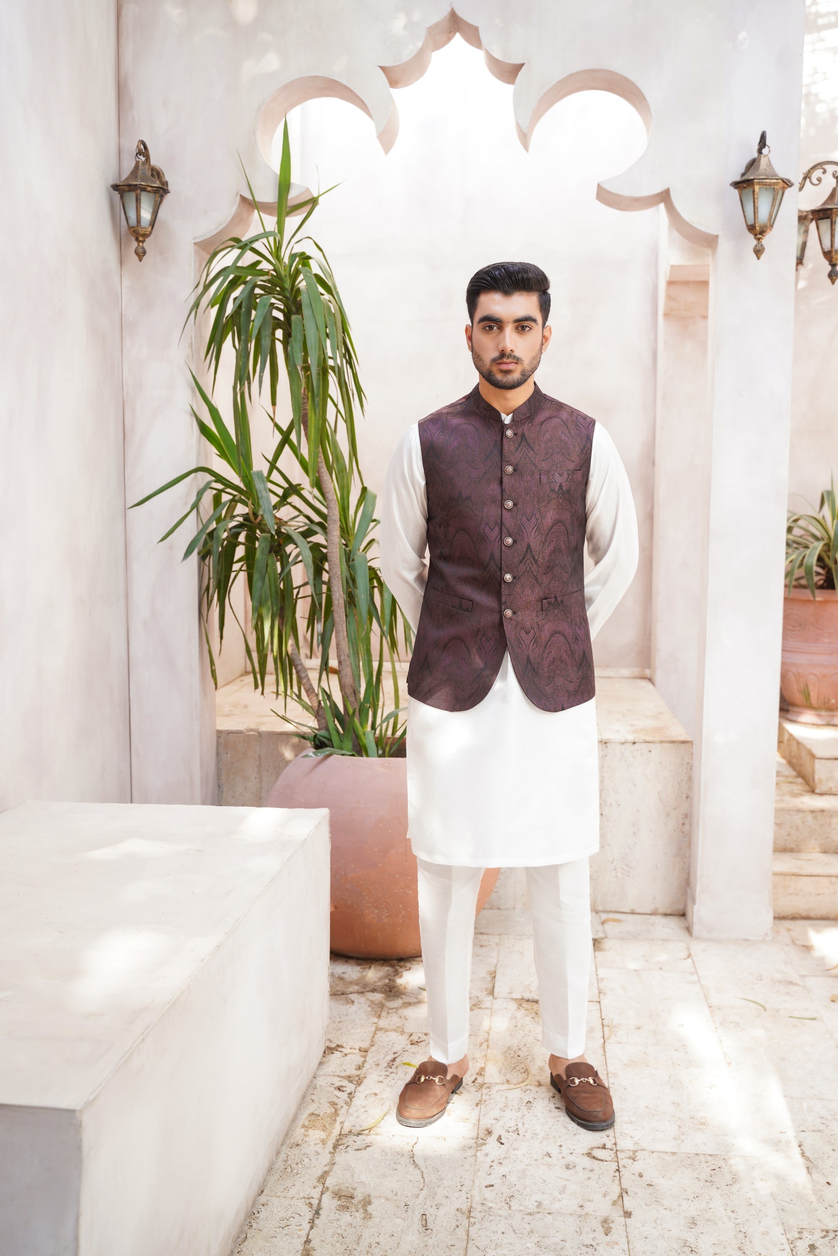 Maroon black self patterned waistcoat