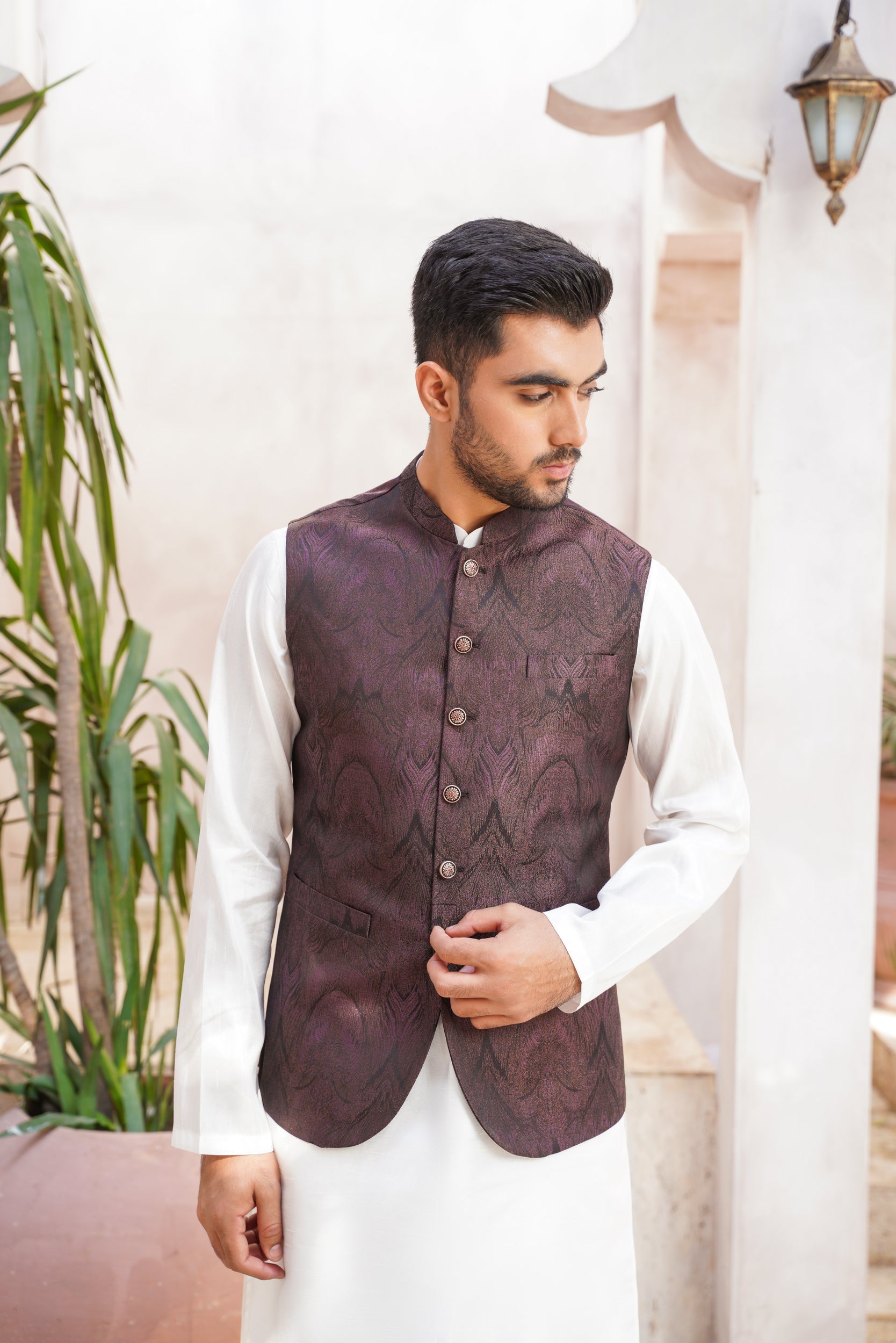 Maroon black self patterned waistcoat