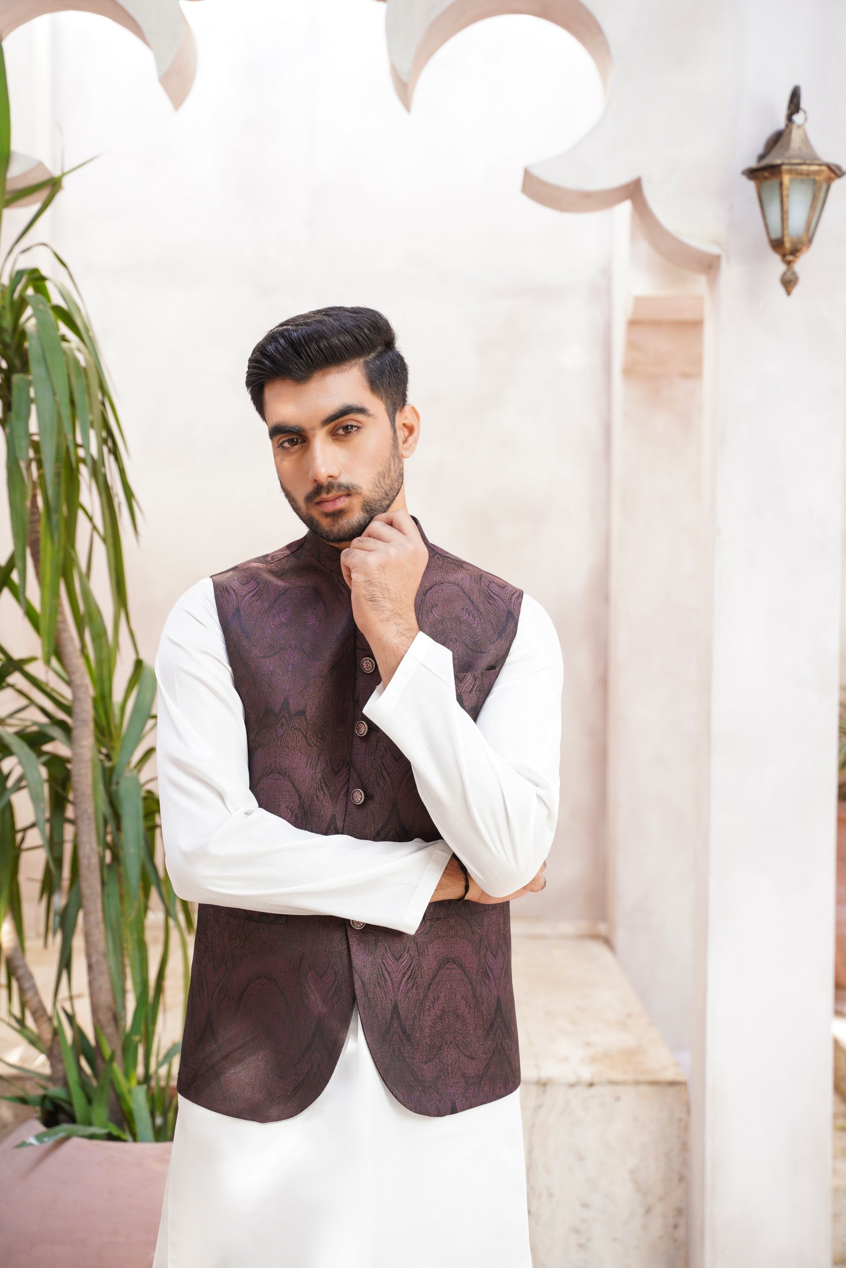 Maroon black self patterned waistcoat