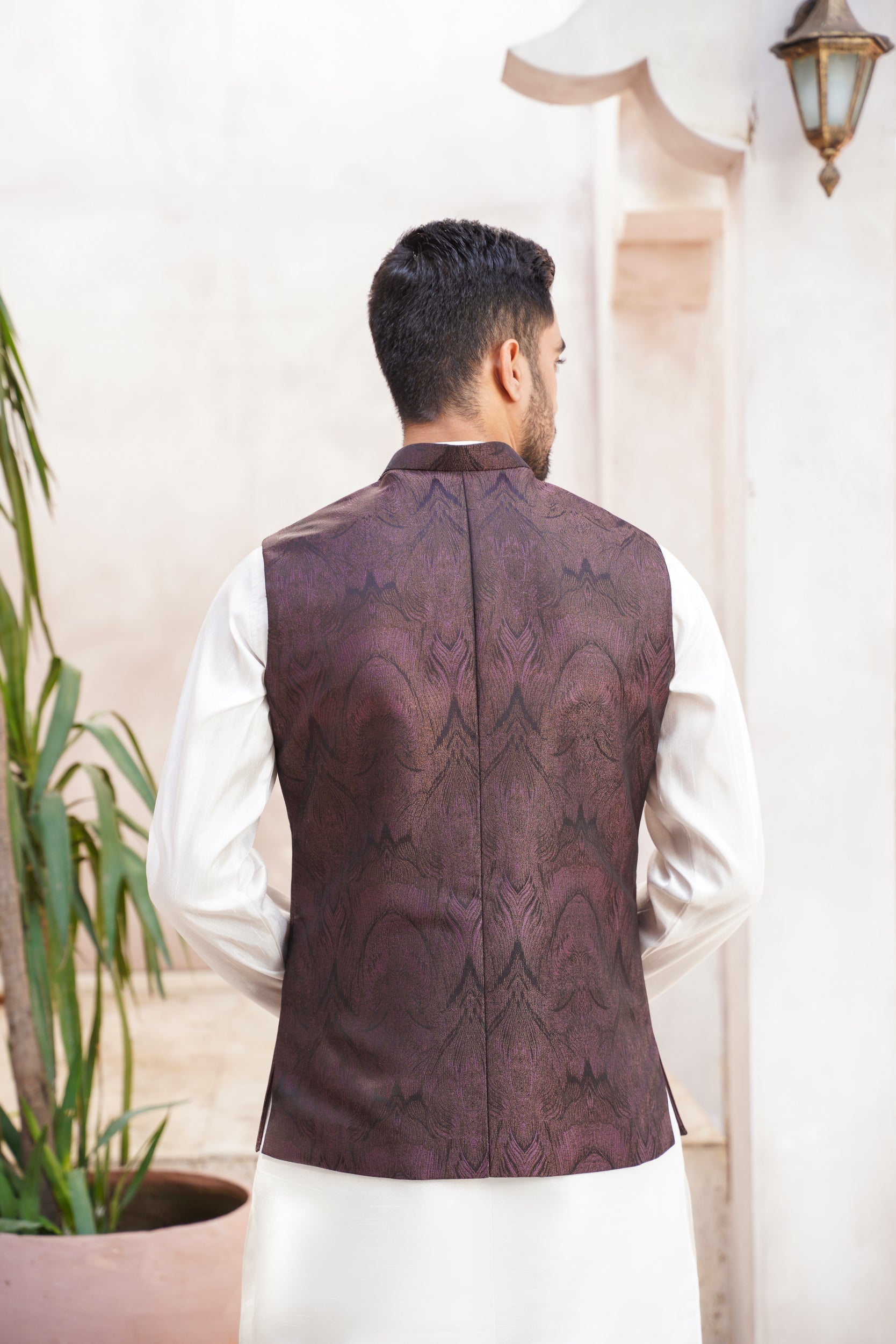 Maroon black self patterned waistcoat