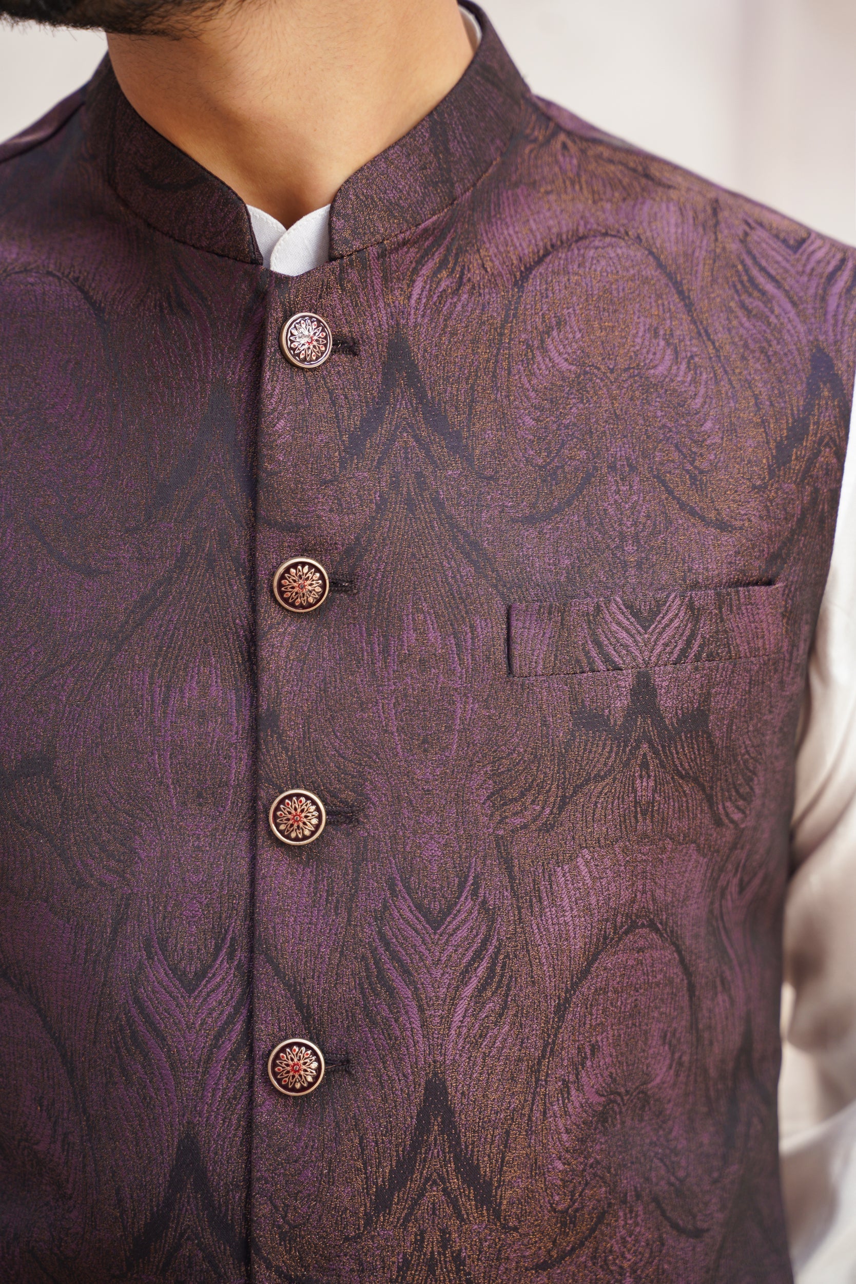 Maroon black self patterned waistcoat