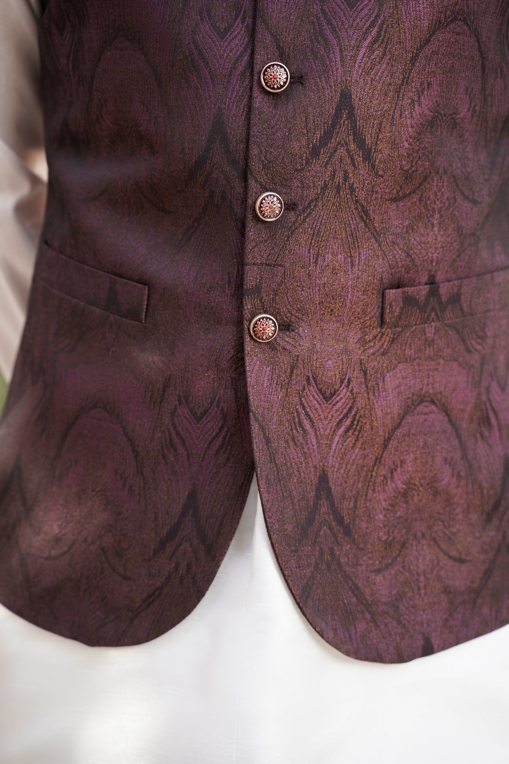 Maroon black self patterned waistcoat