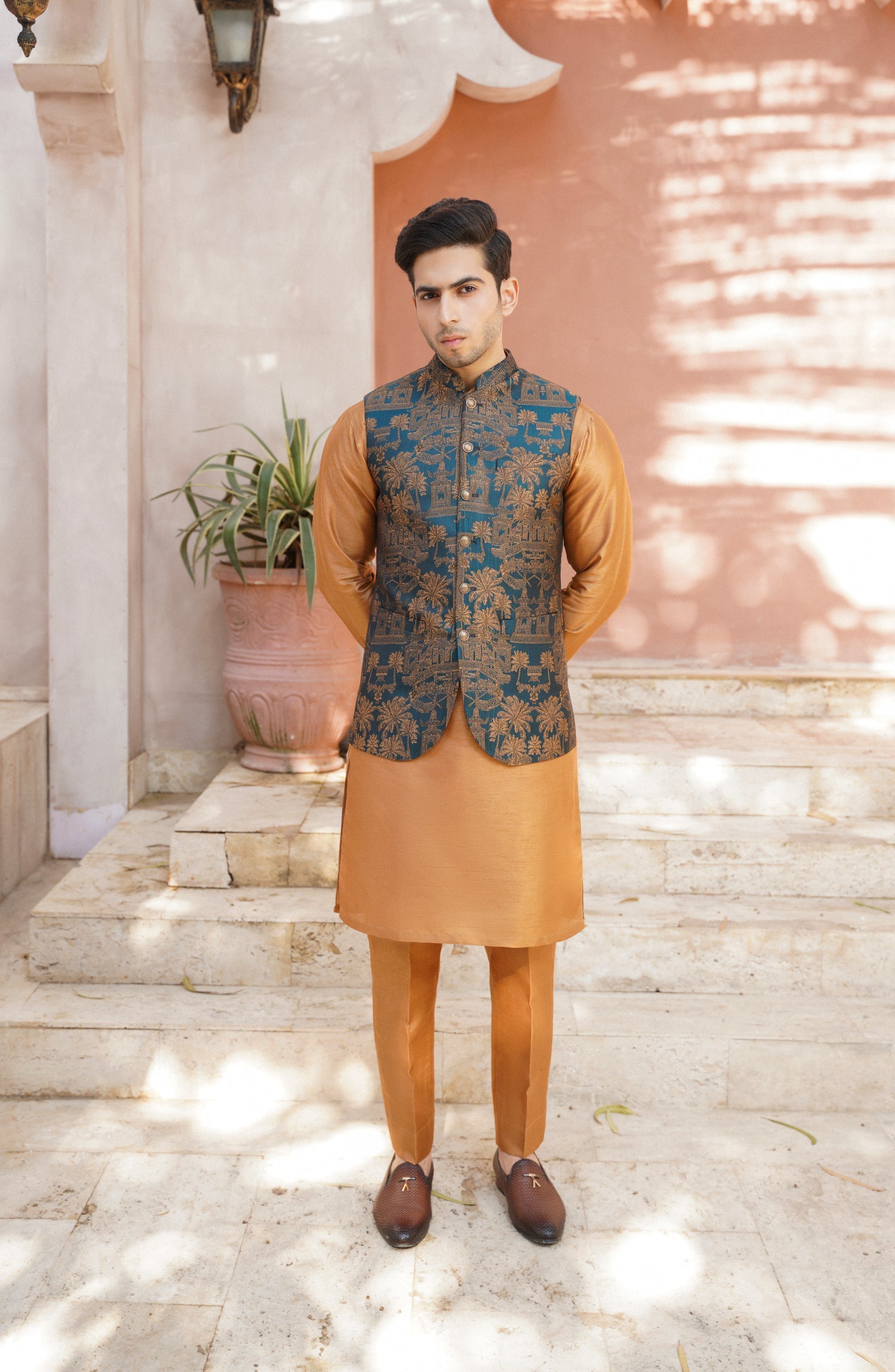 Orange self jaquard waistcoat