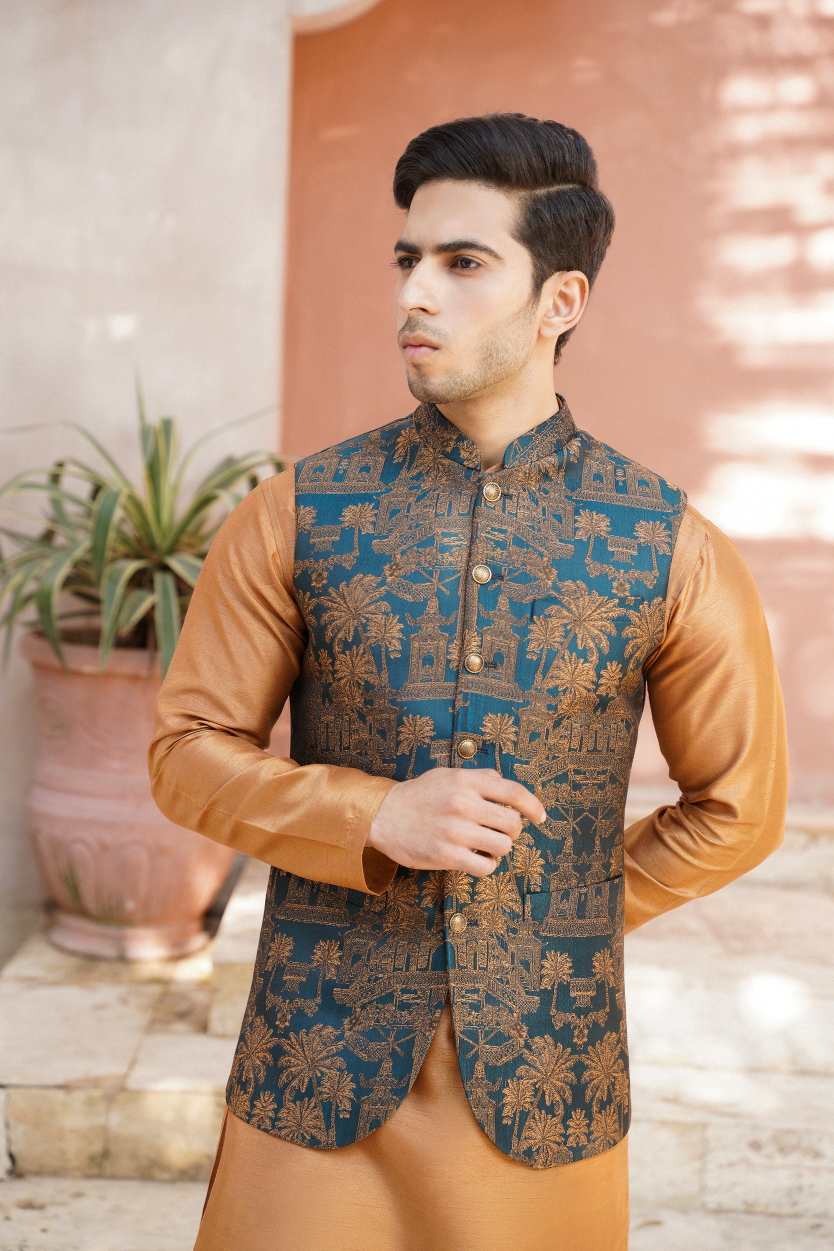 Orange self jaquard waistcoat