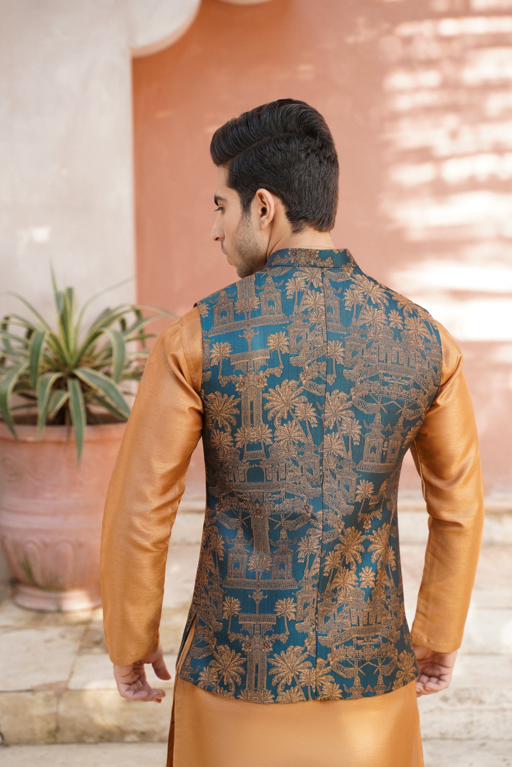 Orange self jaquard waistcoat