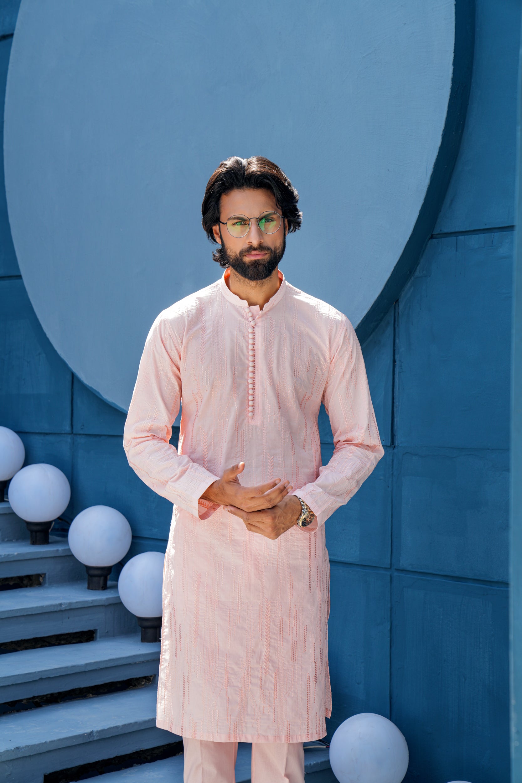 Light Rose Thread Work Kurta Set