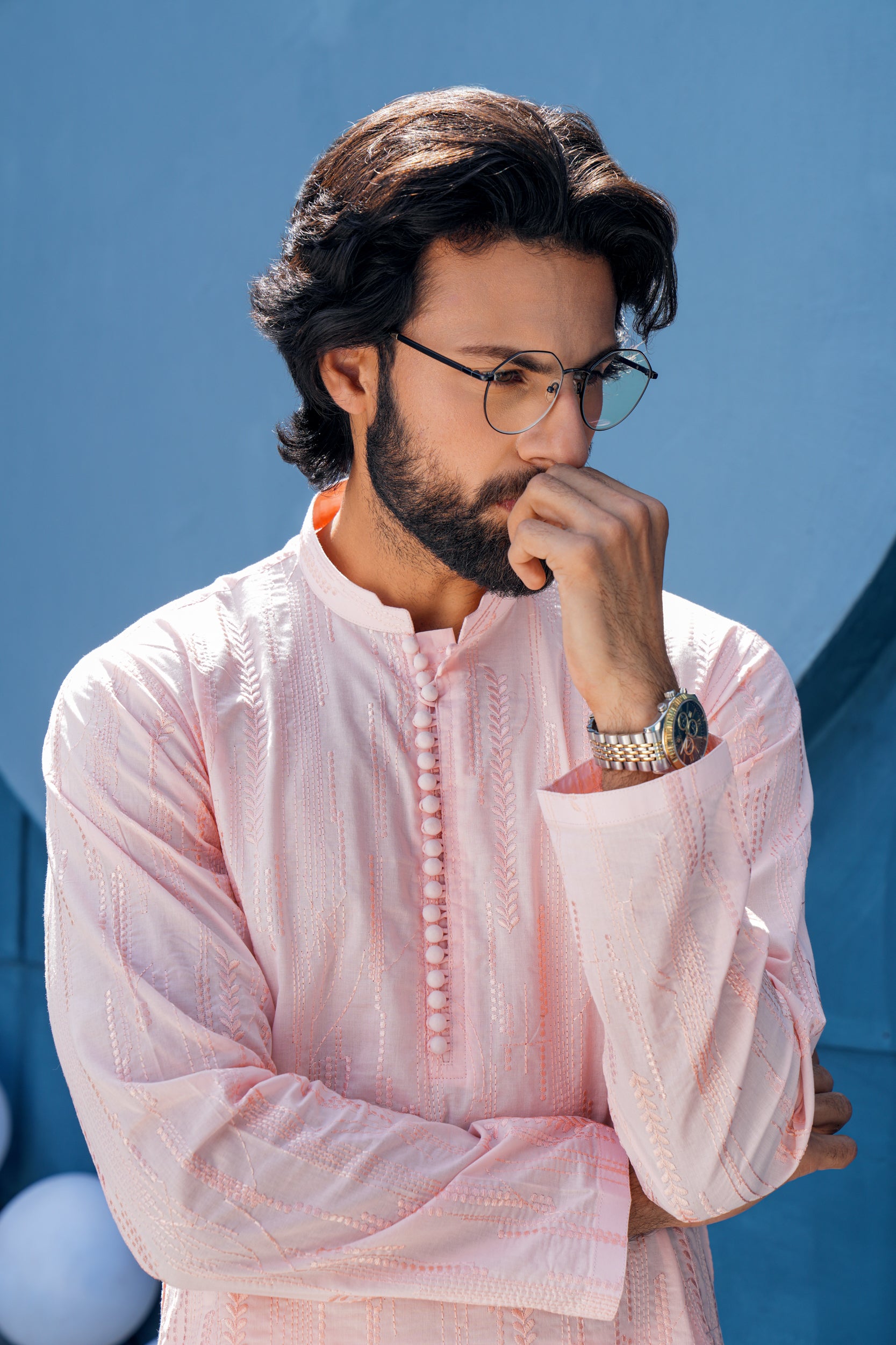 Light Rose Thread Work Kurta Set