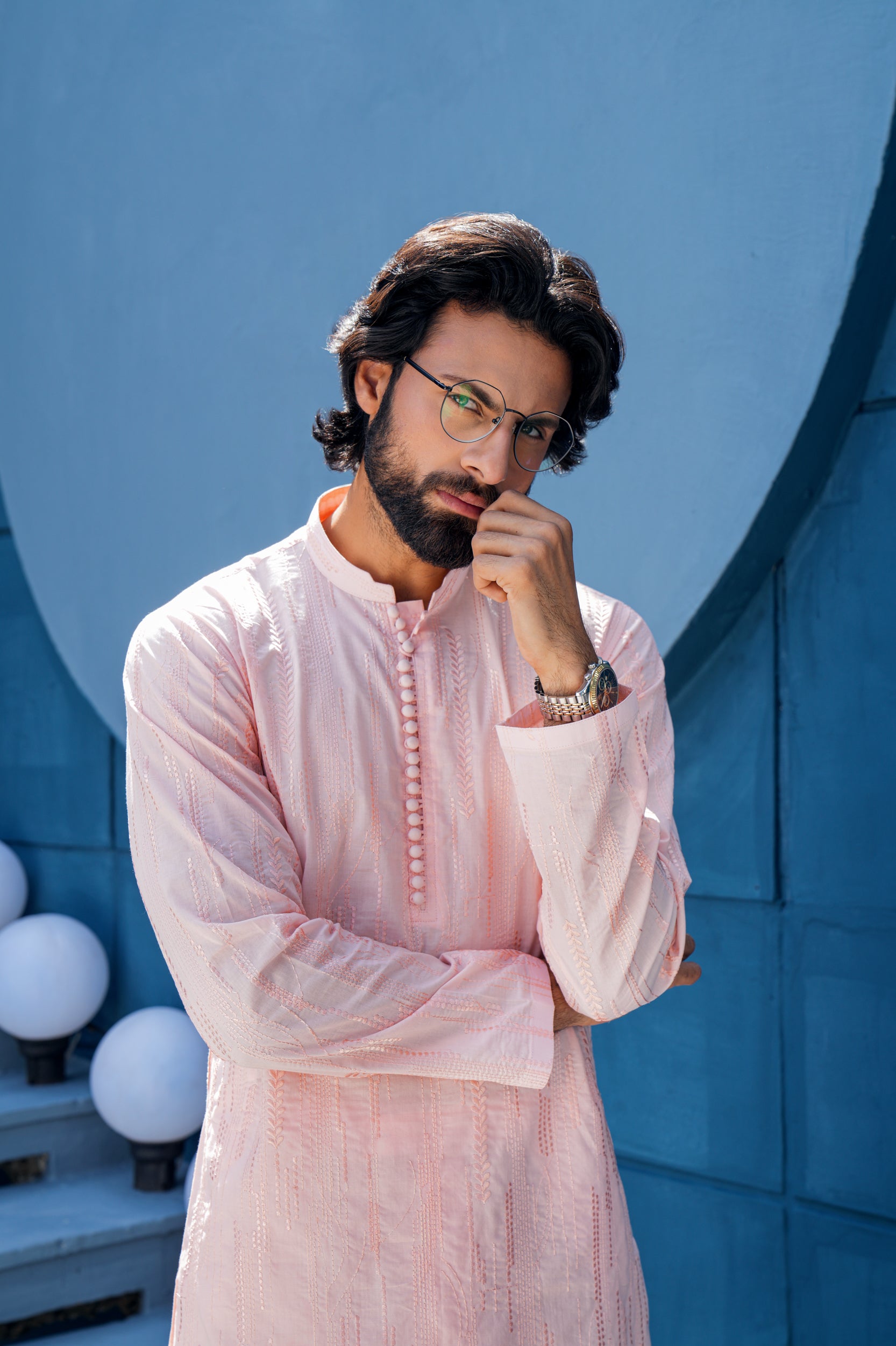 Light Rose Thread Work Kurta Set