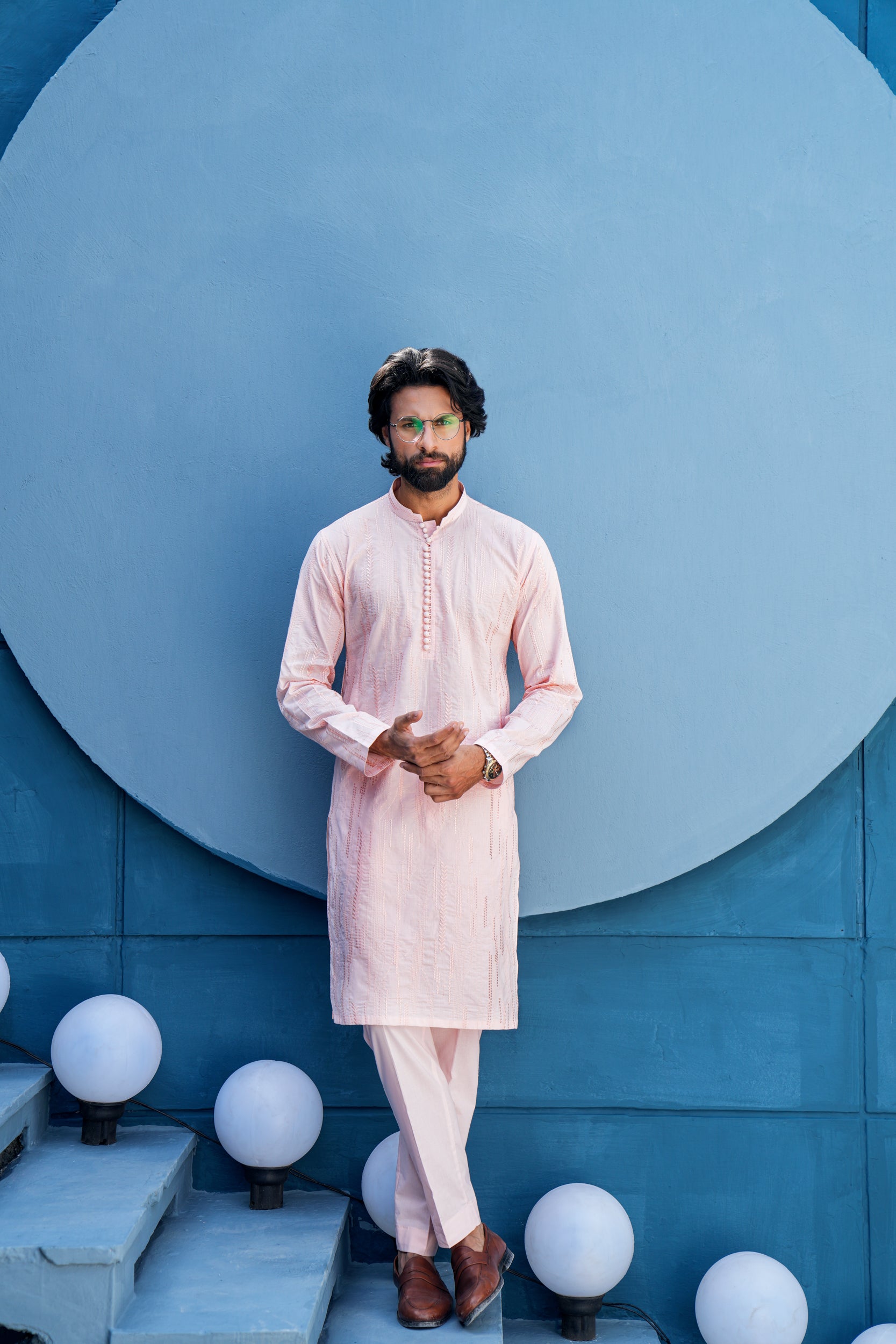 Light Rose Thread Work Kurta Set