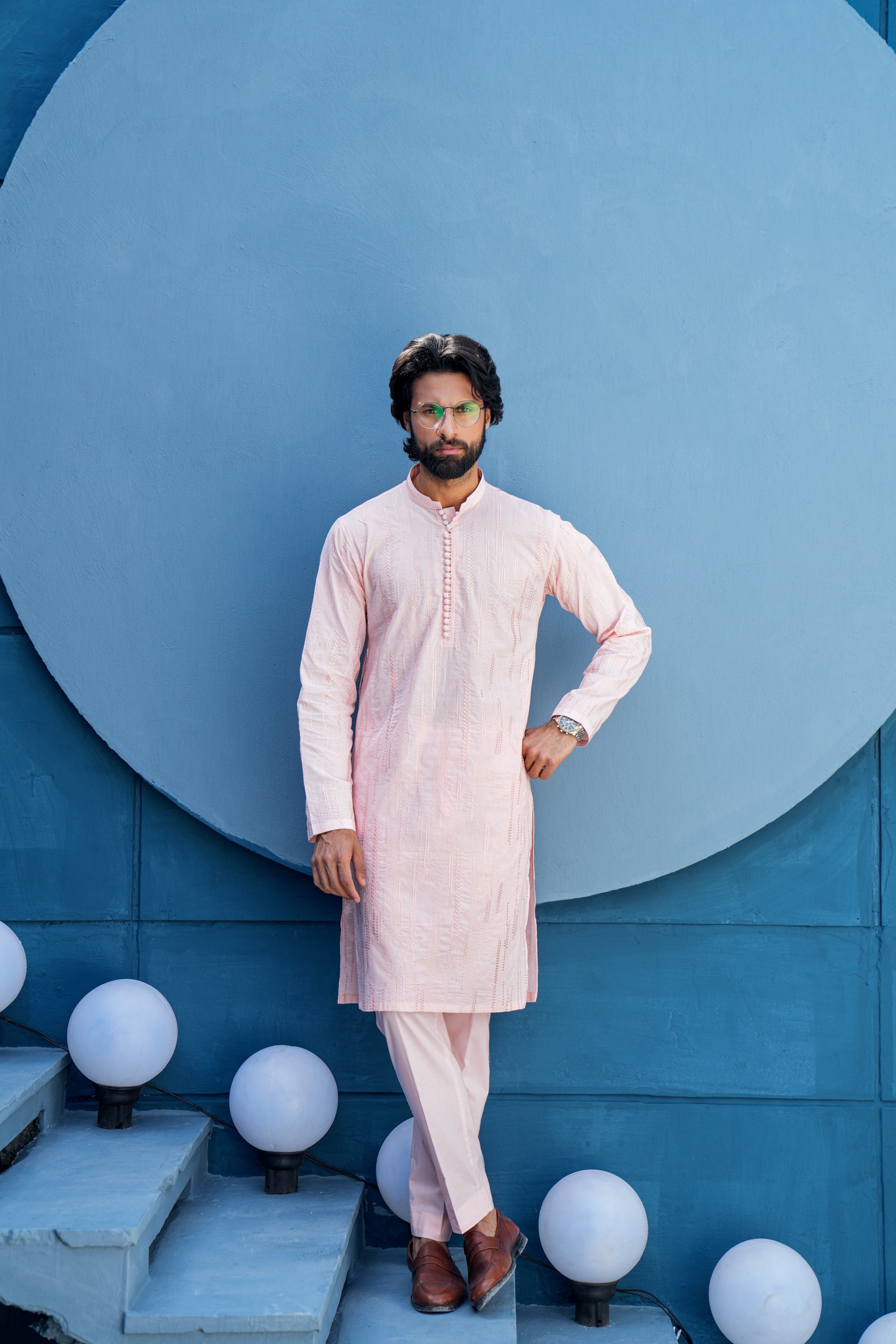 Light Rose Thread Work Kurta Set