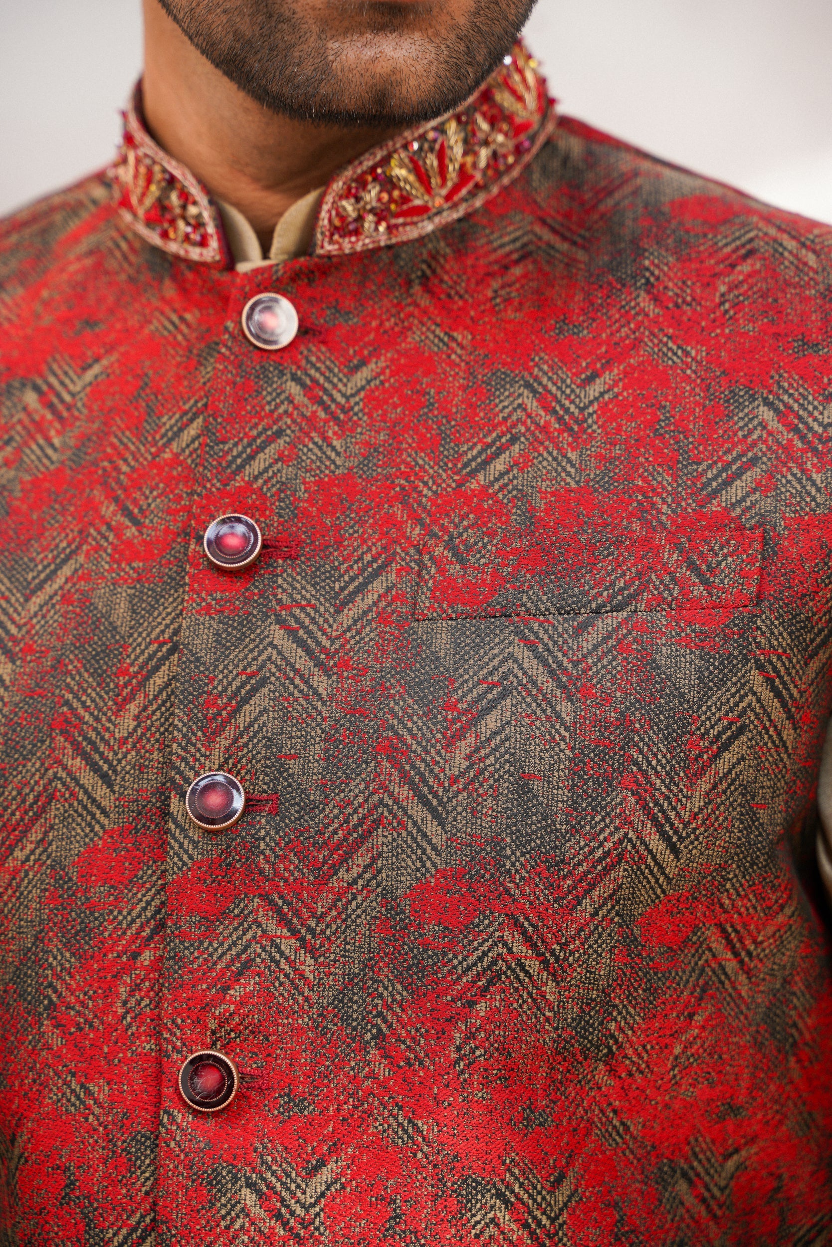 Embellished ban gary red printed waistcoat