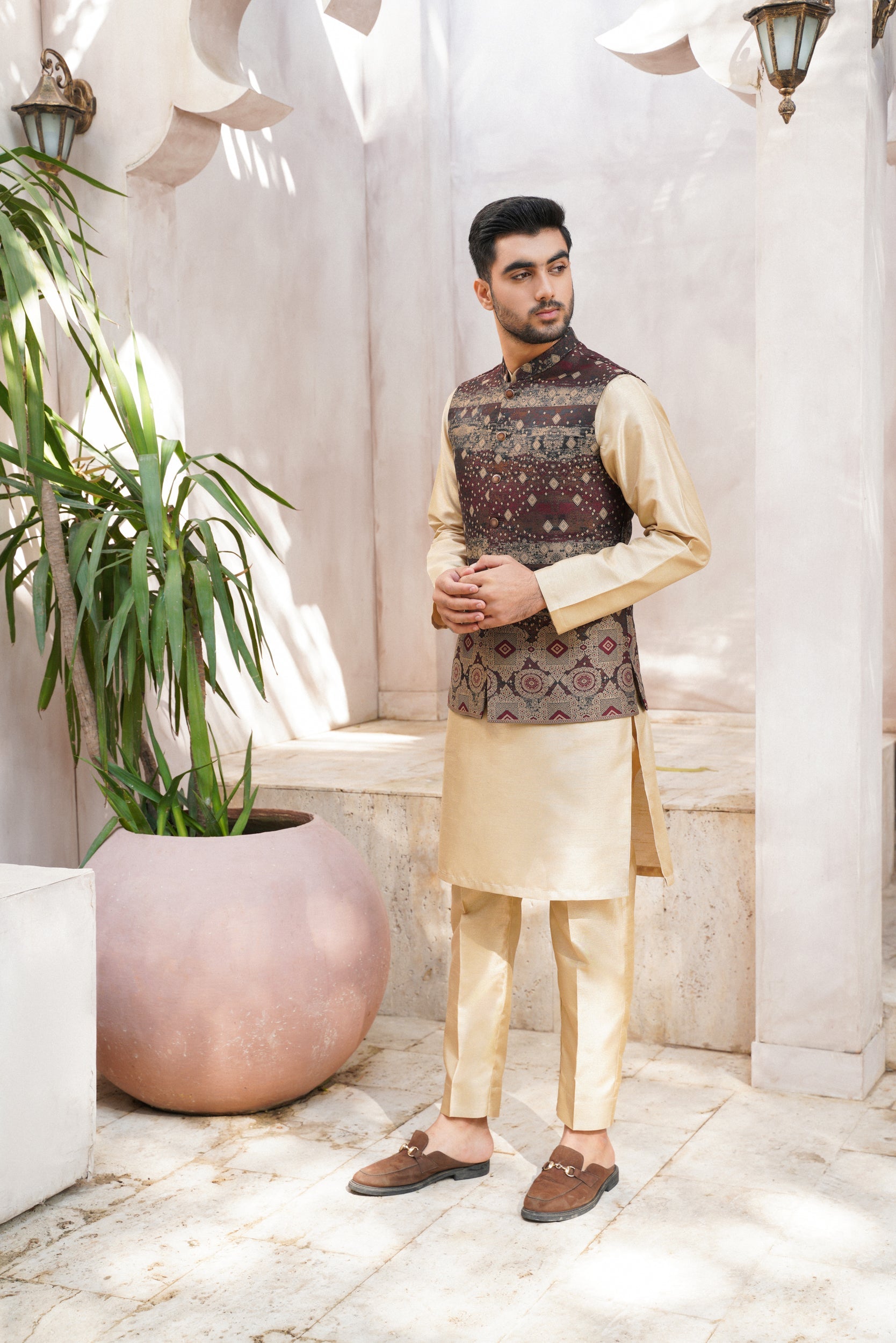 Maroon green checkered Printed waistcoat