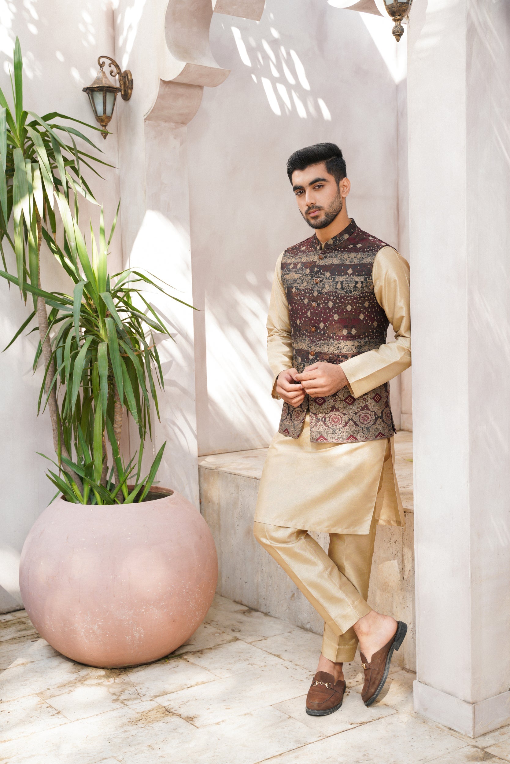 Maroon green checkered Printed waistcoat