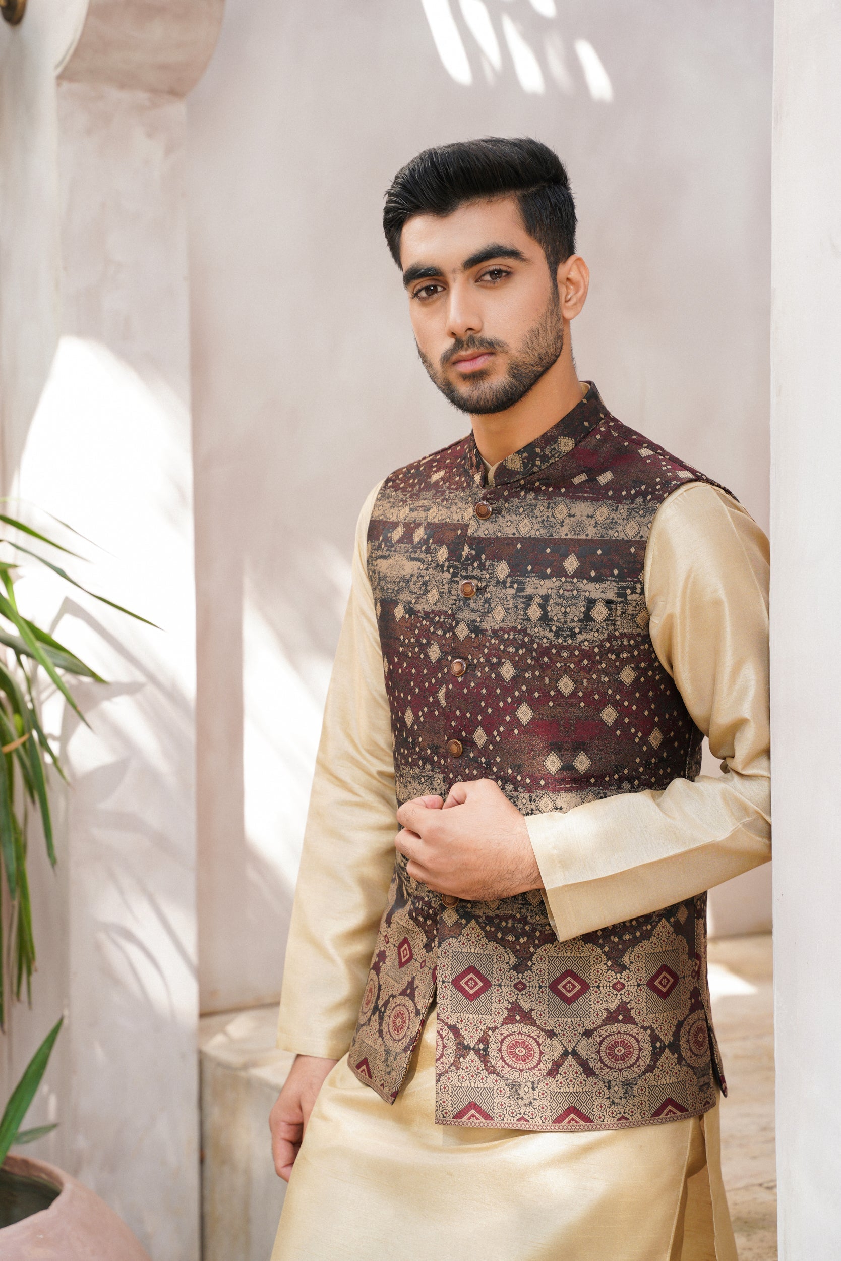 Maroon green checkered Printed waistcoat