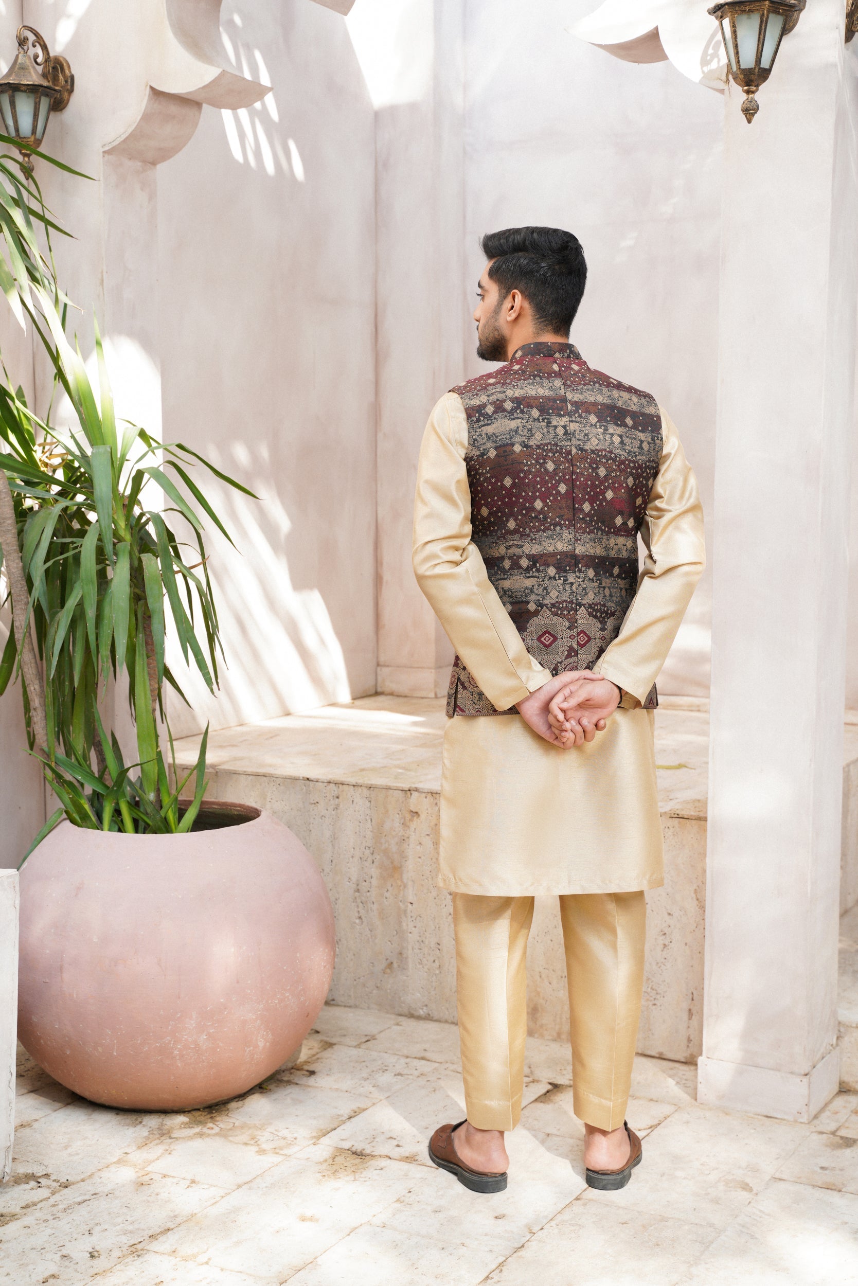 Maroon green checkered Printed waistcoat