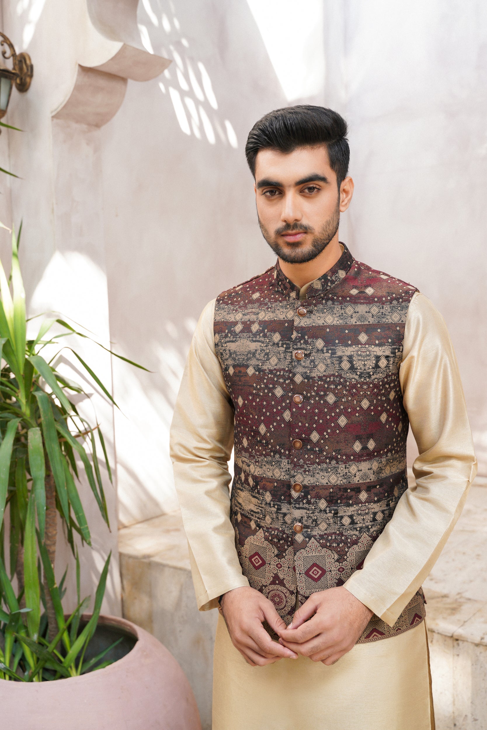 Maroon green checkered Printed waistcoat