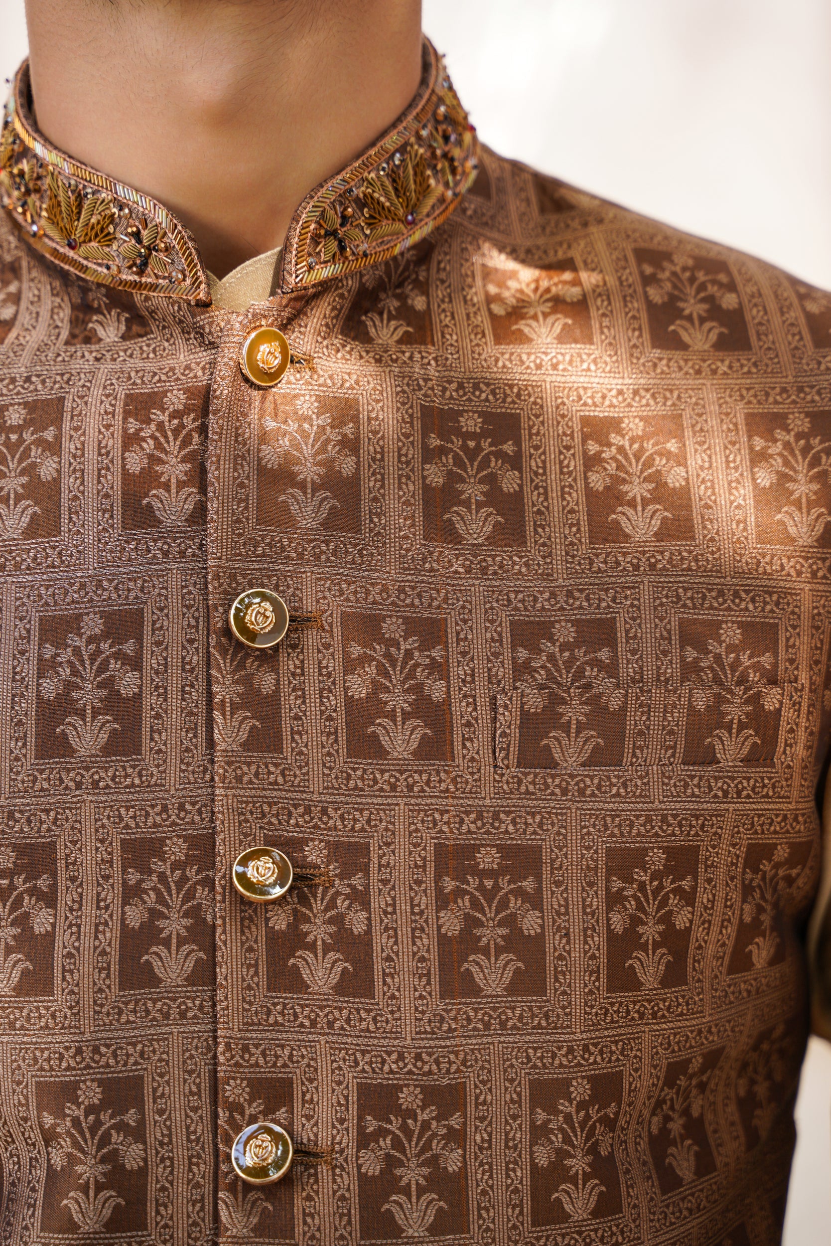 Embellished ban brown  self jaquard waistcoat