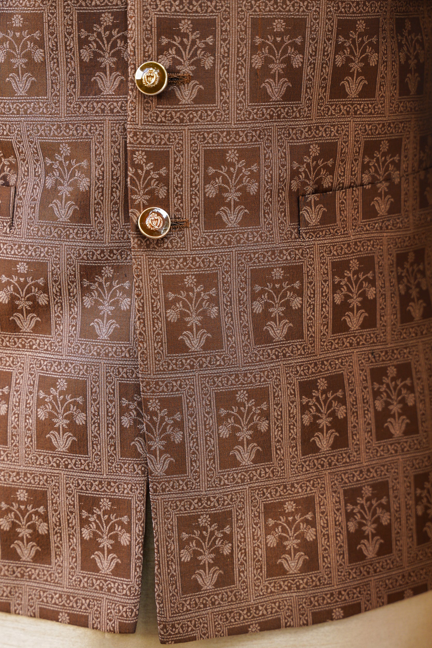 Embellished ban brown  self jaquard waistcoat