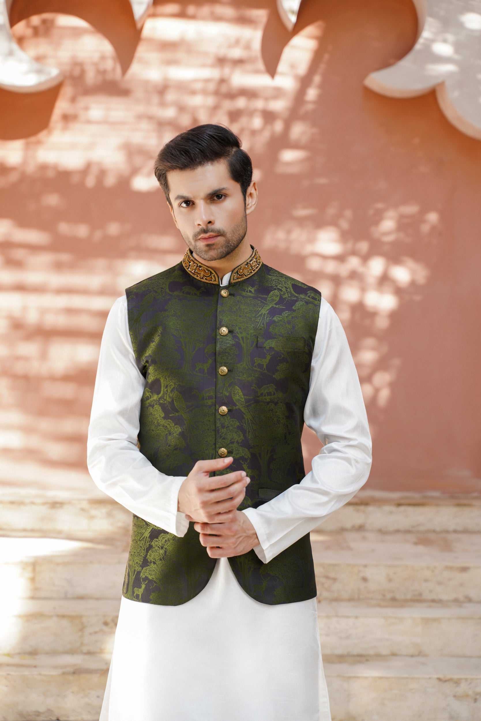 Bottle green embellished ban pictorial  waistcoat