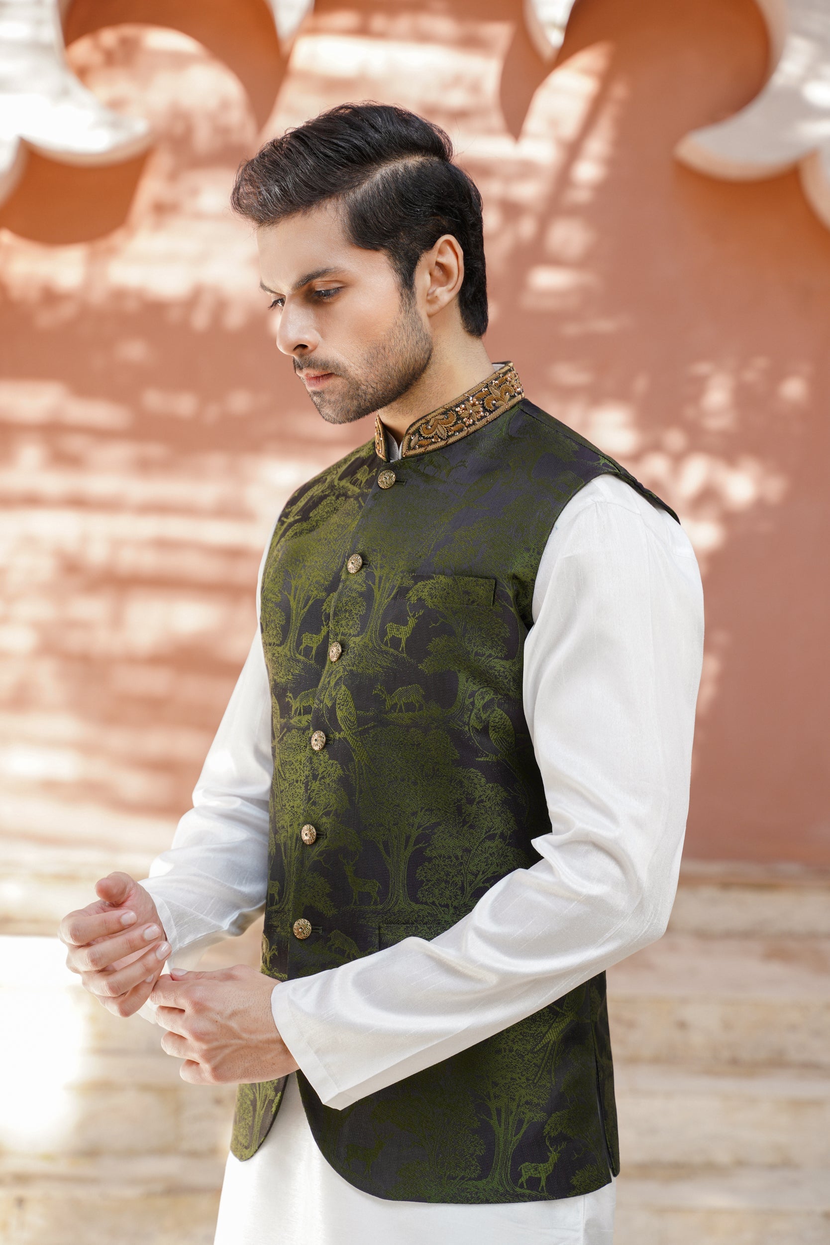 Bottle green embellished ban pictorial  waistcoat