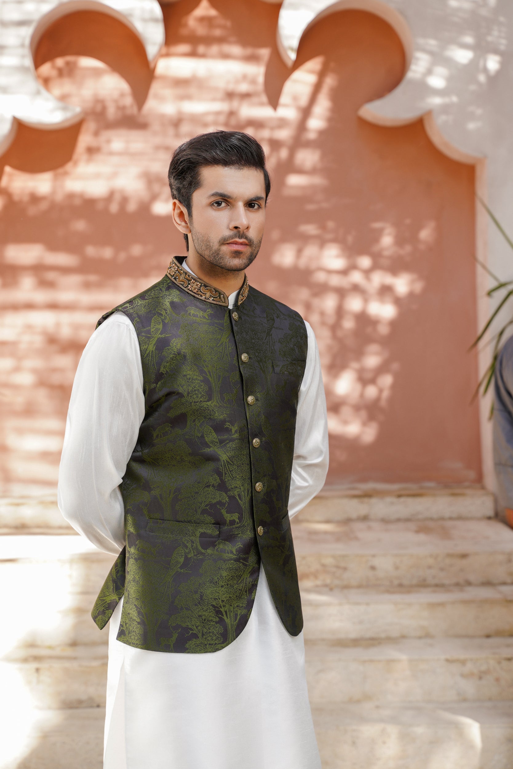 Bottle green embellished ban pictorial  waistcoat