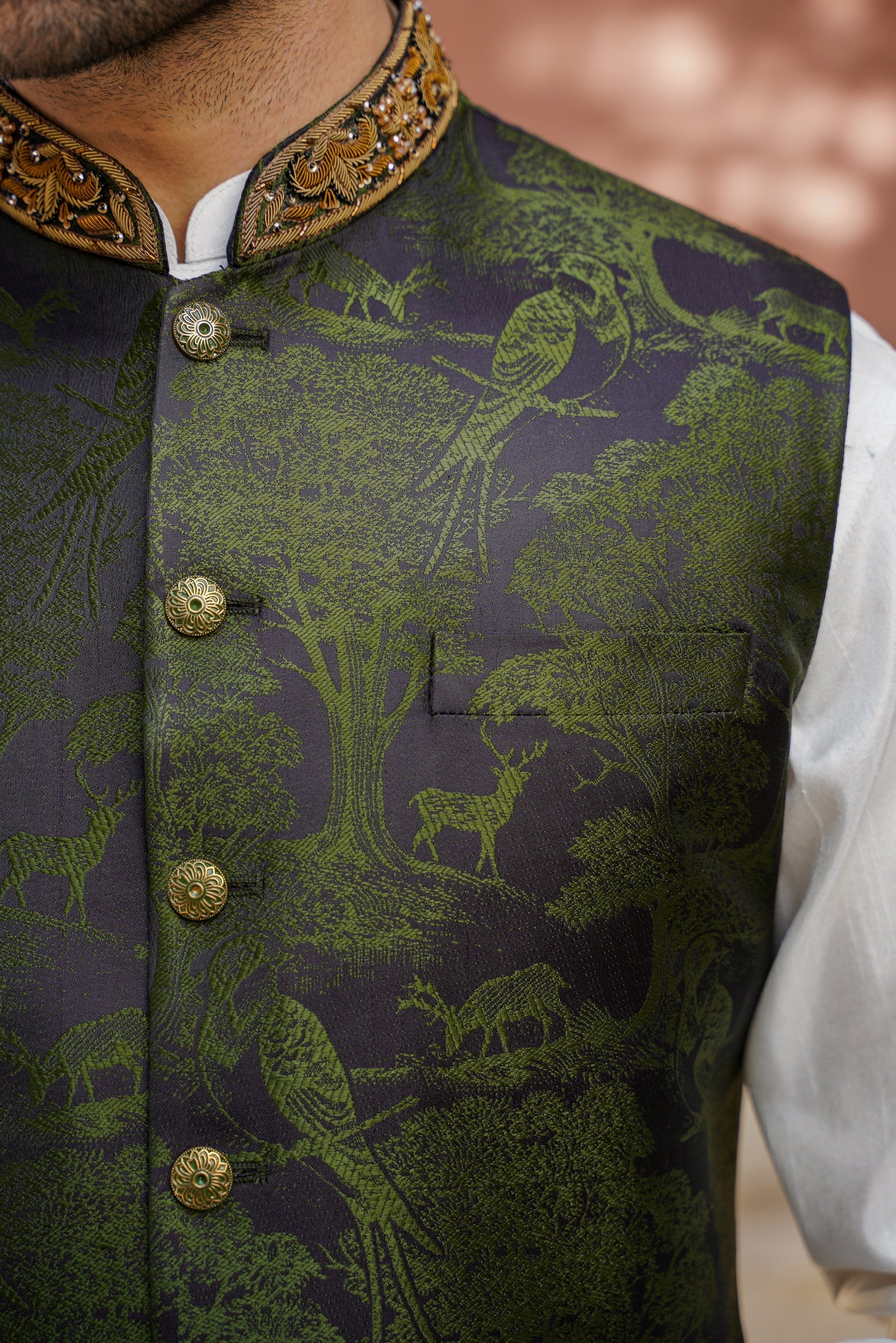 Bottle green embellished ban pictorial  waistcoat