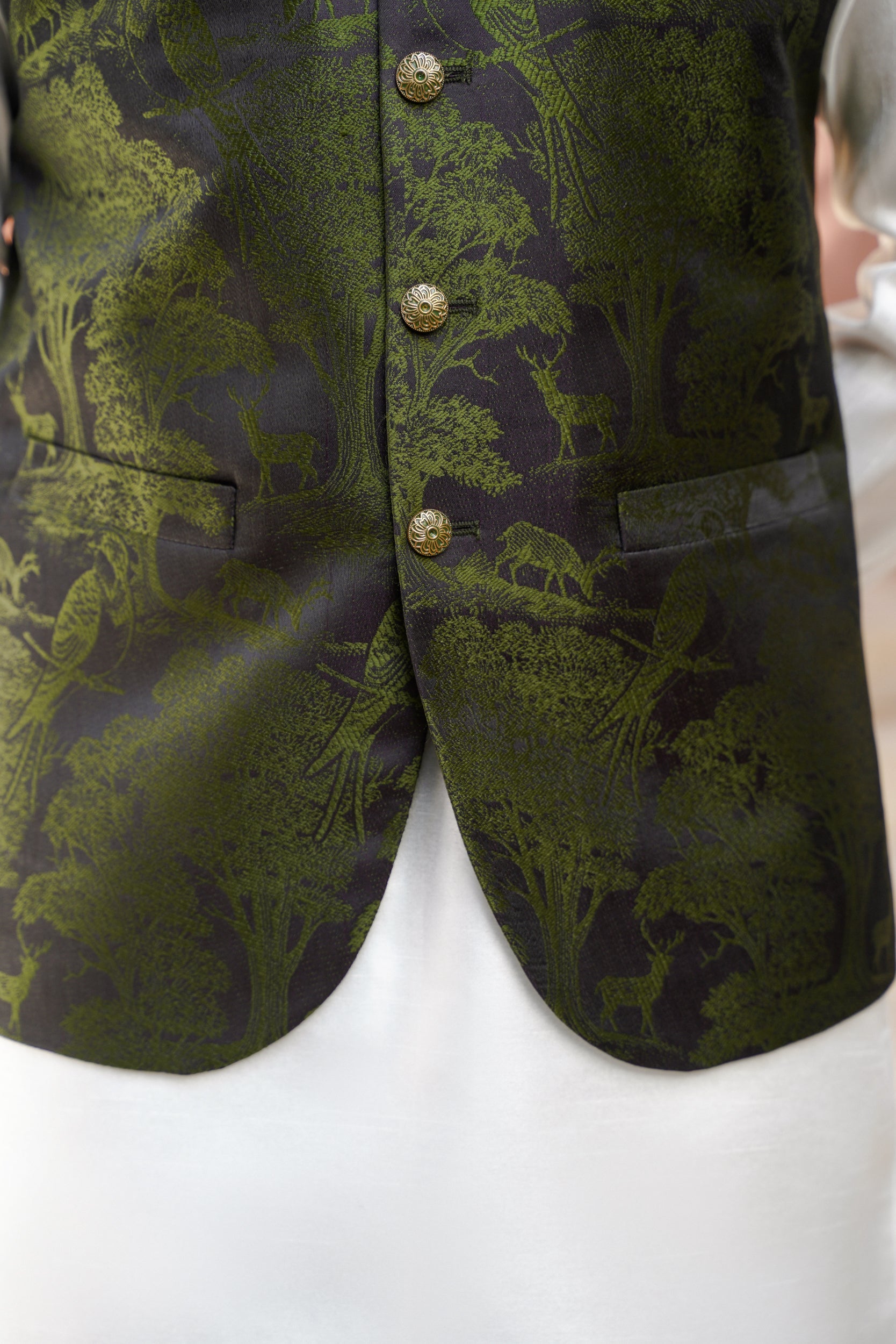 Bottle green embellished ban pictorial  waistcoat