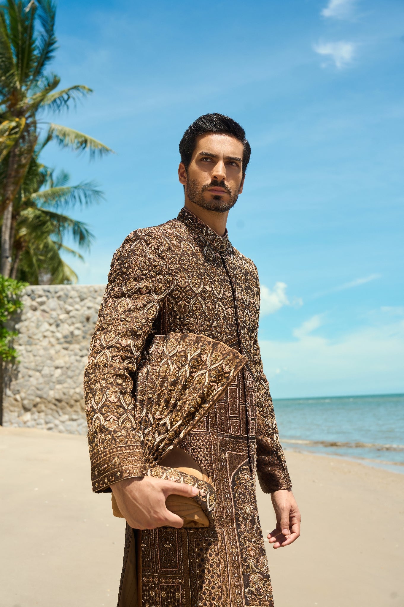 Bronze Mirage – Sherwani & Clutch Ensemble with turban