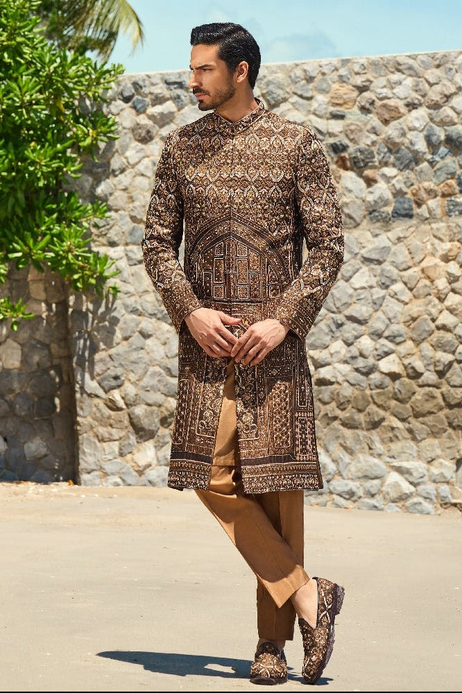Bronze Mirage – Sherwani & Clutch Ensemble with turban