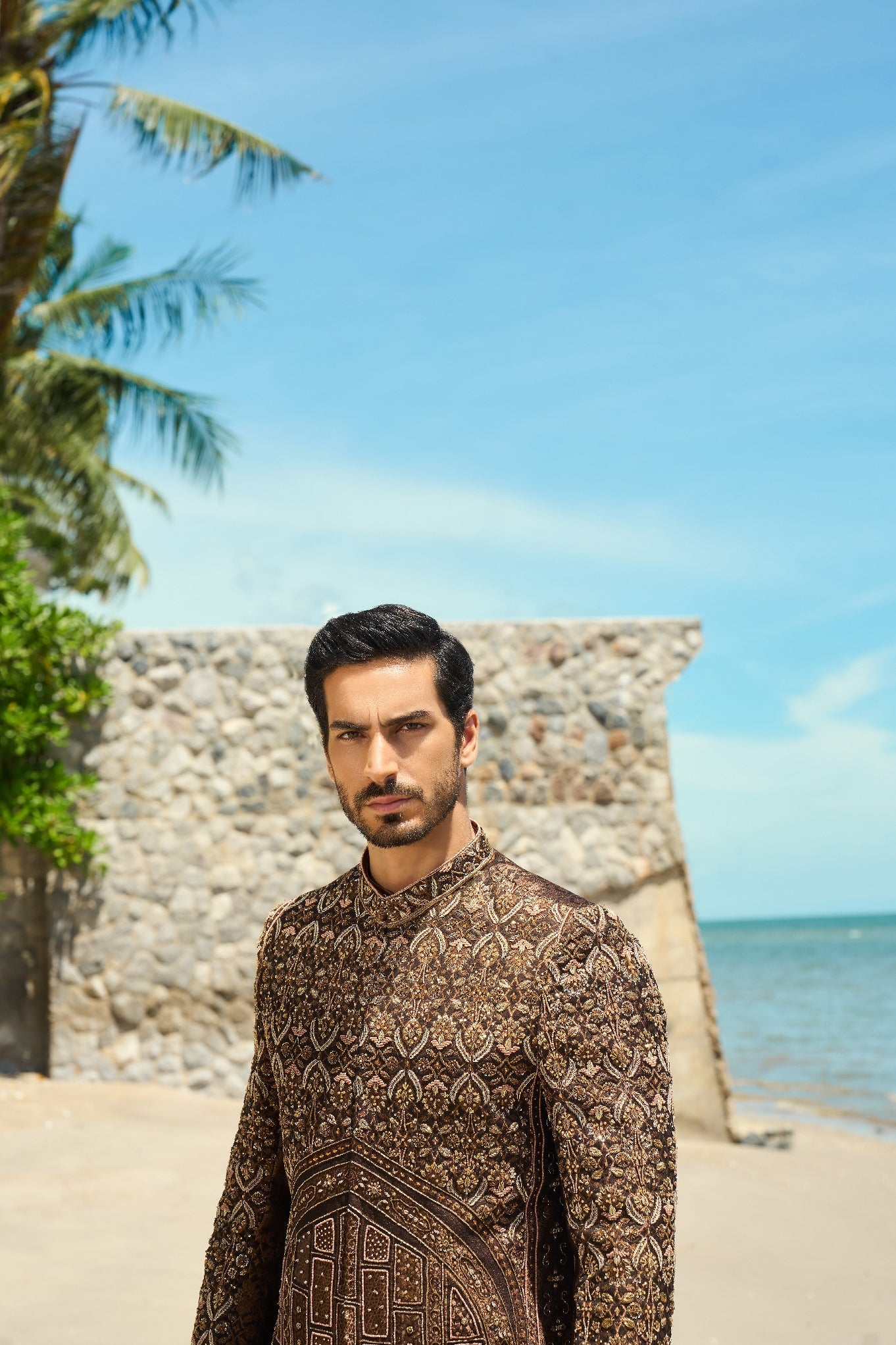 Bronze Mirage – Sherwani & Clutch Ensemble with turban