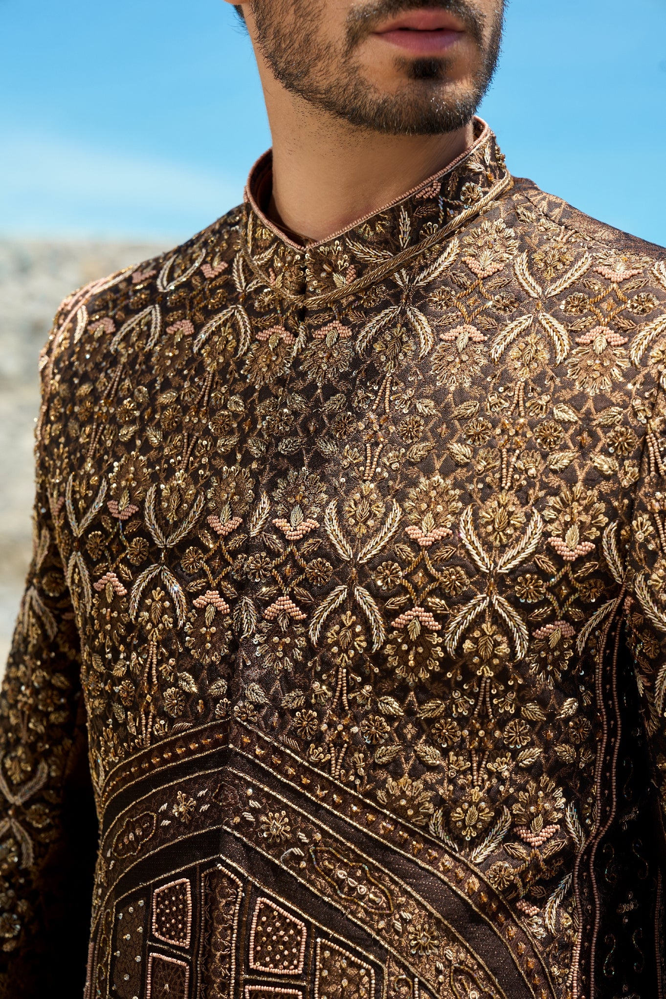 Bronze Mirage – Sherwani & Clutch Ensemble with turban