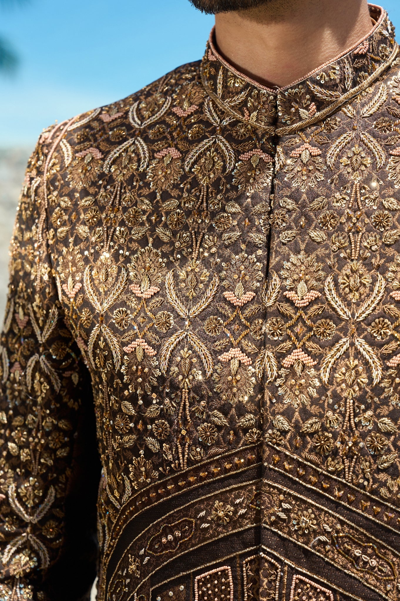 Bronze Mirage – Sherwani & Clutch Ensemble with turban