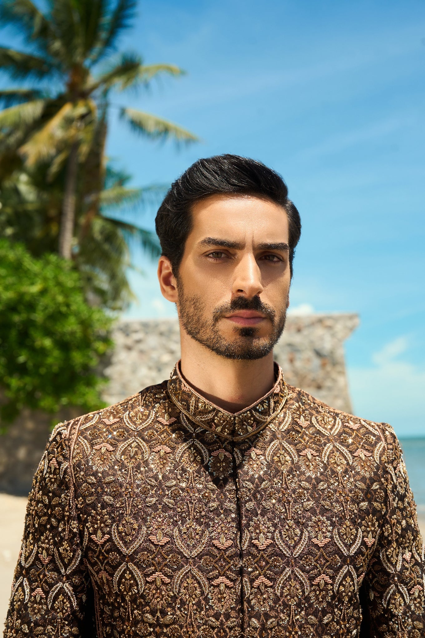 Bronze Mirage – Sherwani & Clutch Ensemble with turban