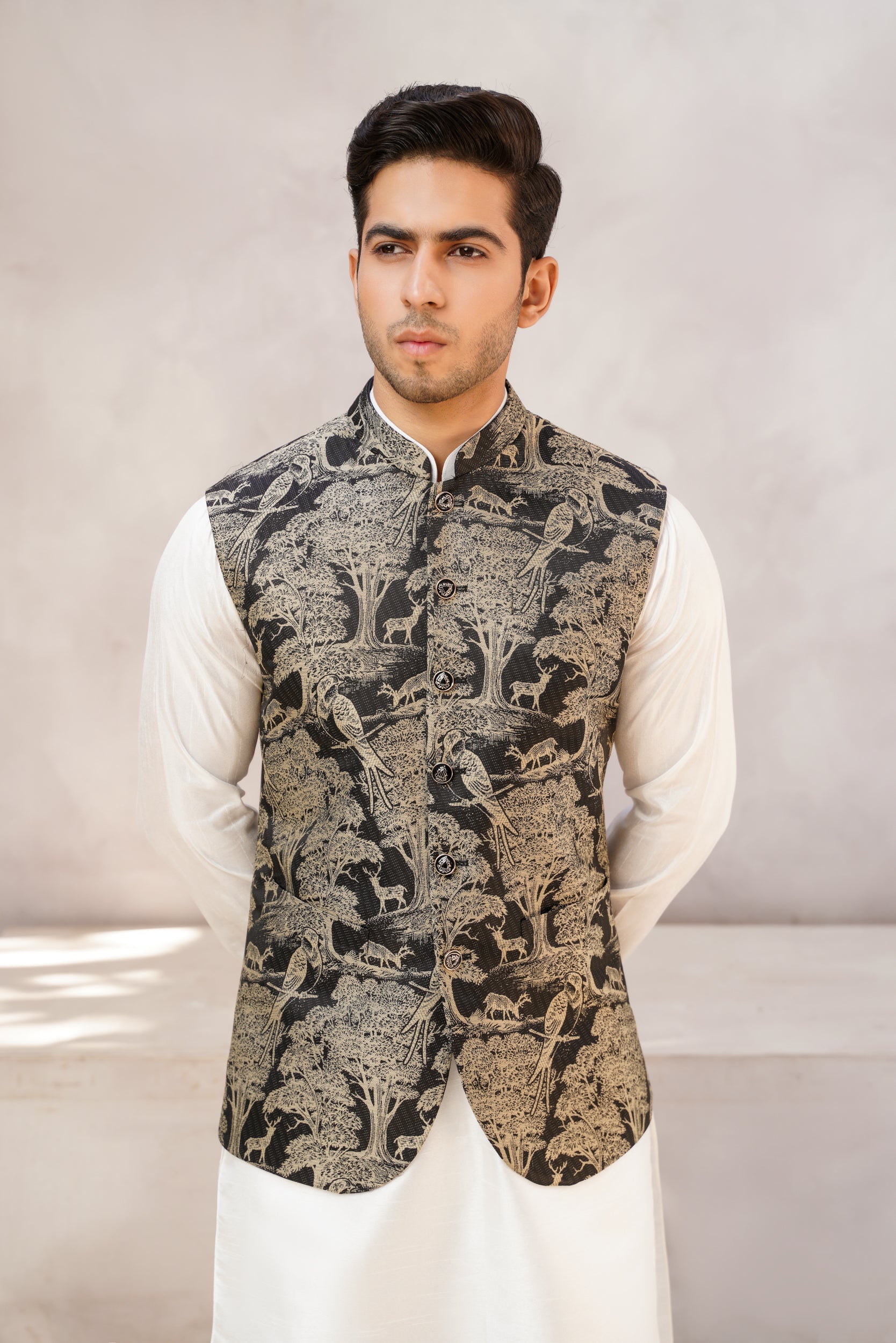 Pictorial Embroidered black base waistcoat