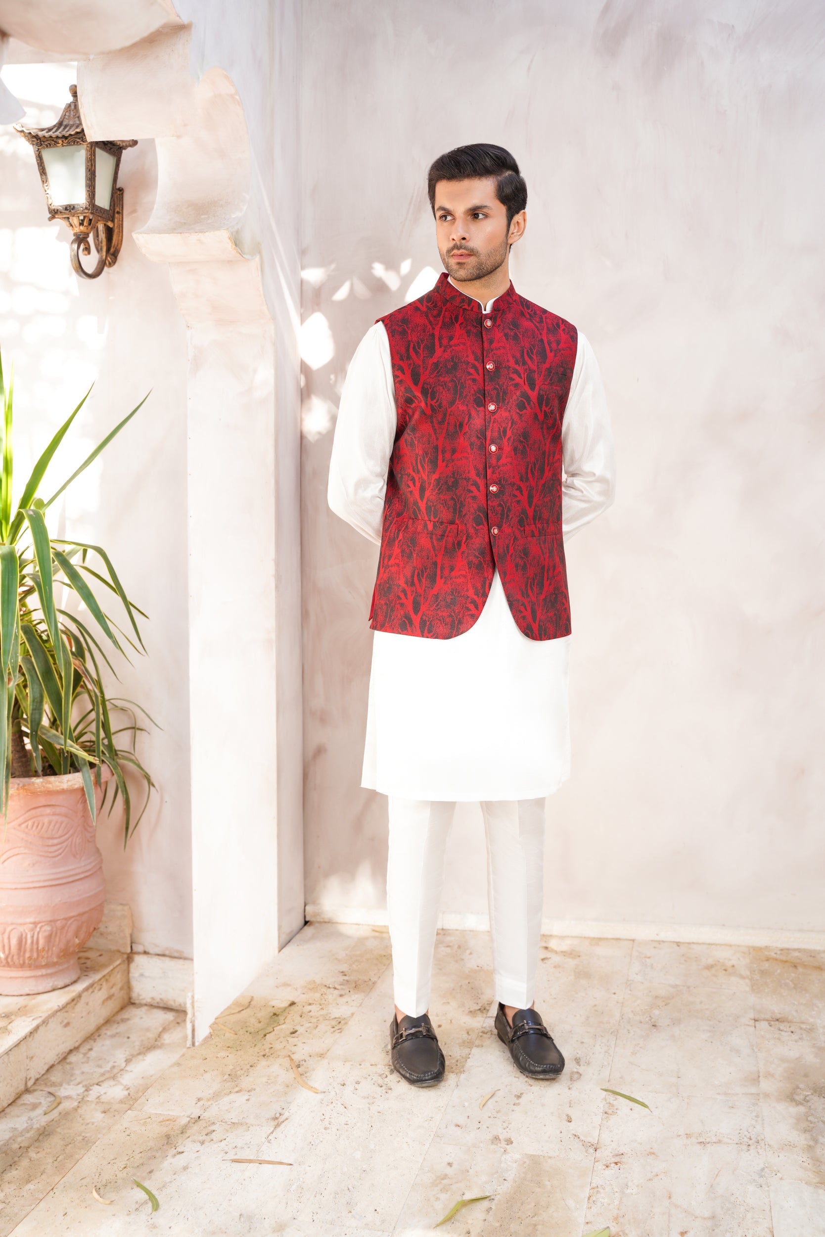 Red self  Design Jaquard waistcoat