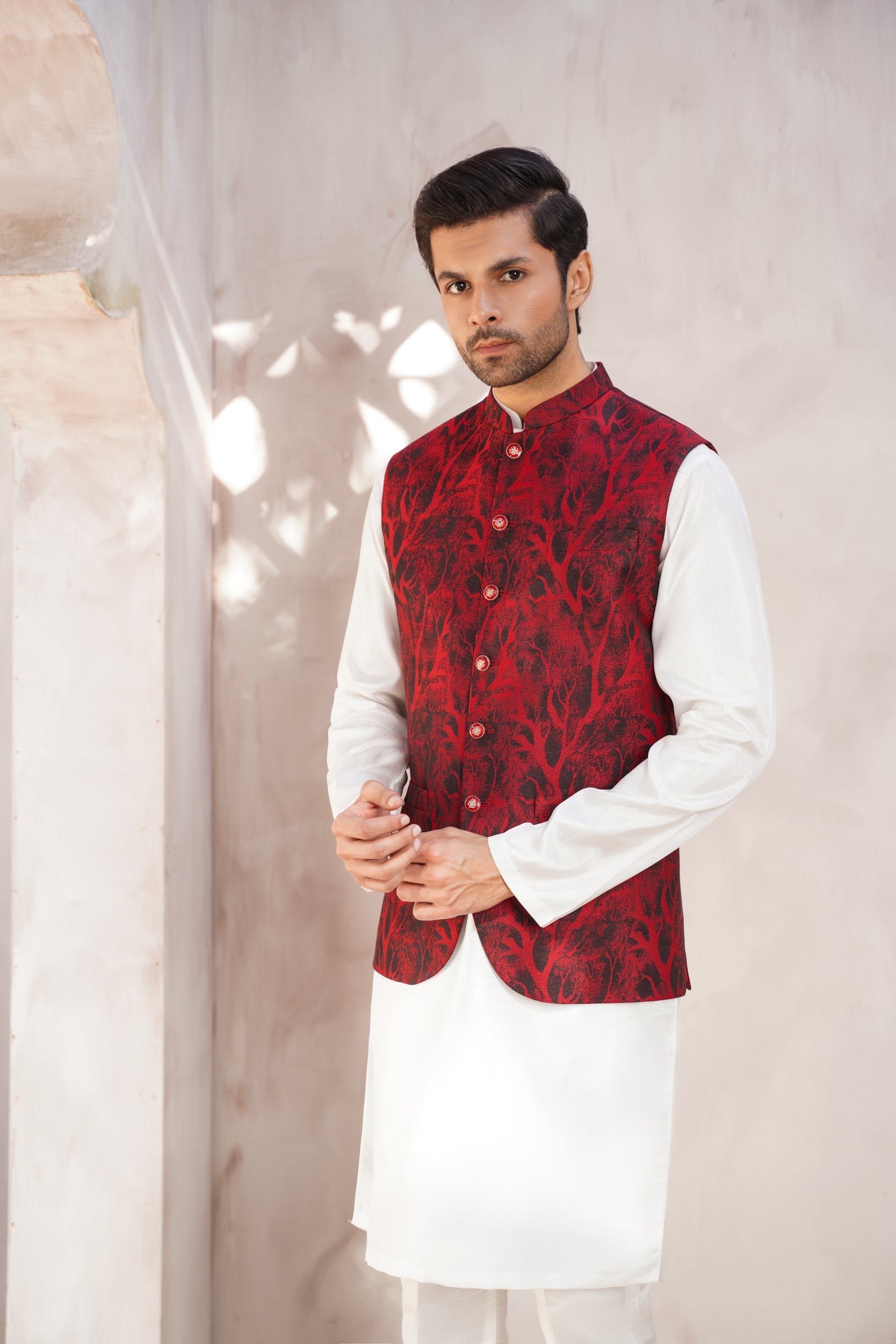 Red self  Design Jaquard waistcoat