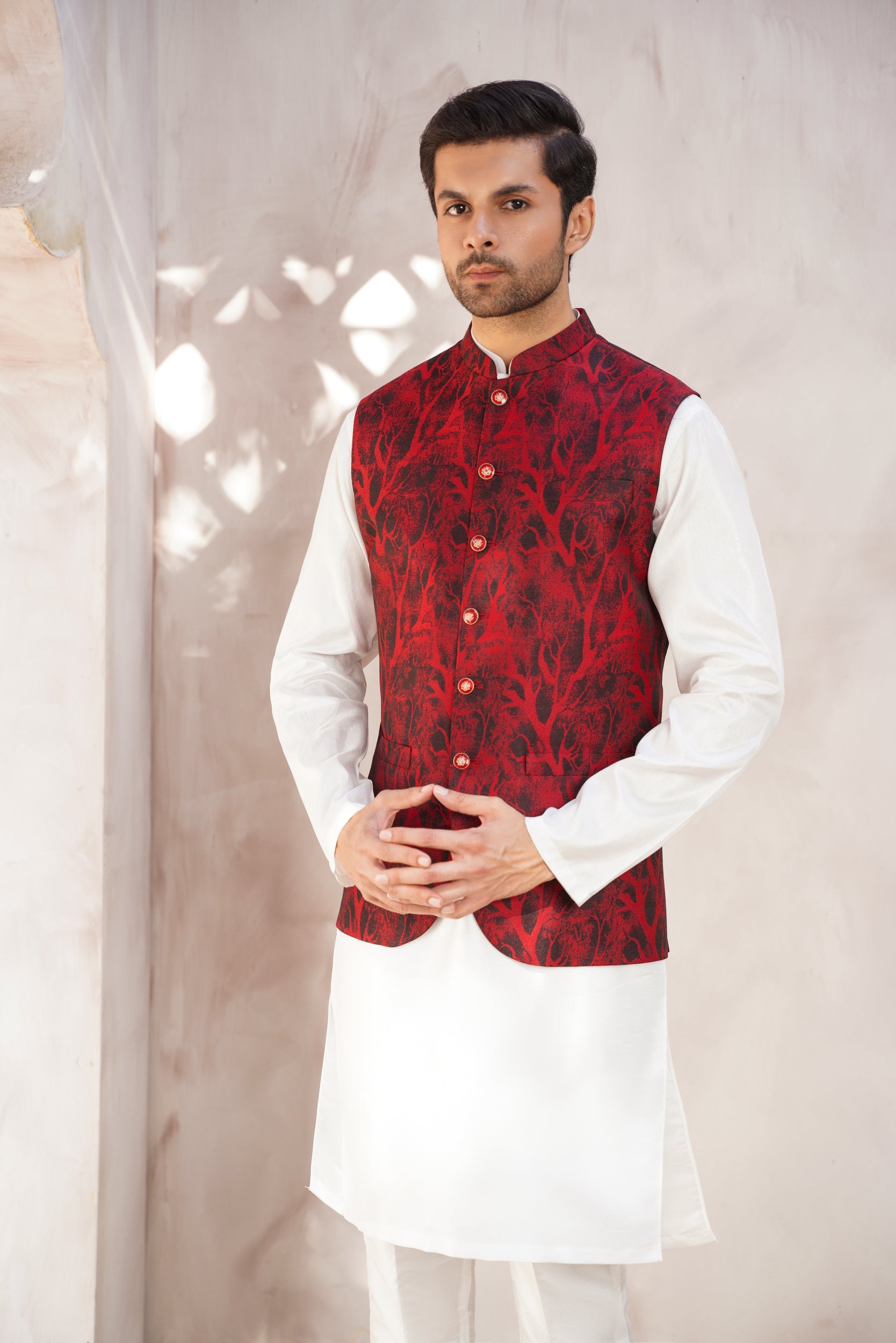 Red self  Design Jaquard waistcoat