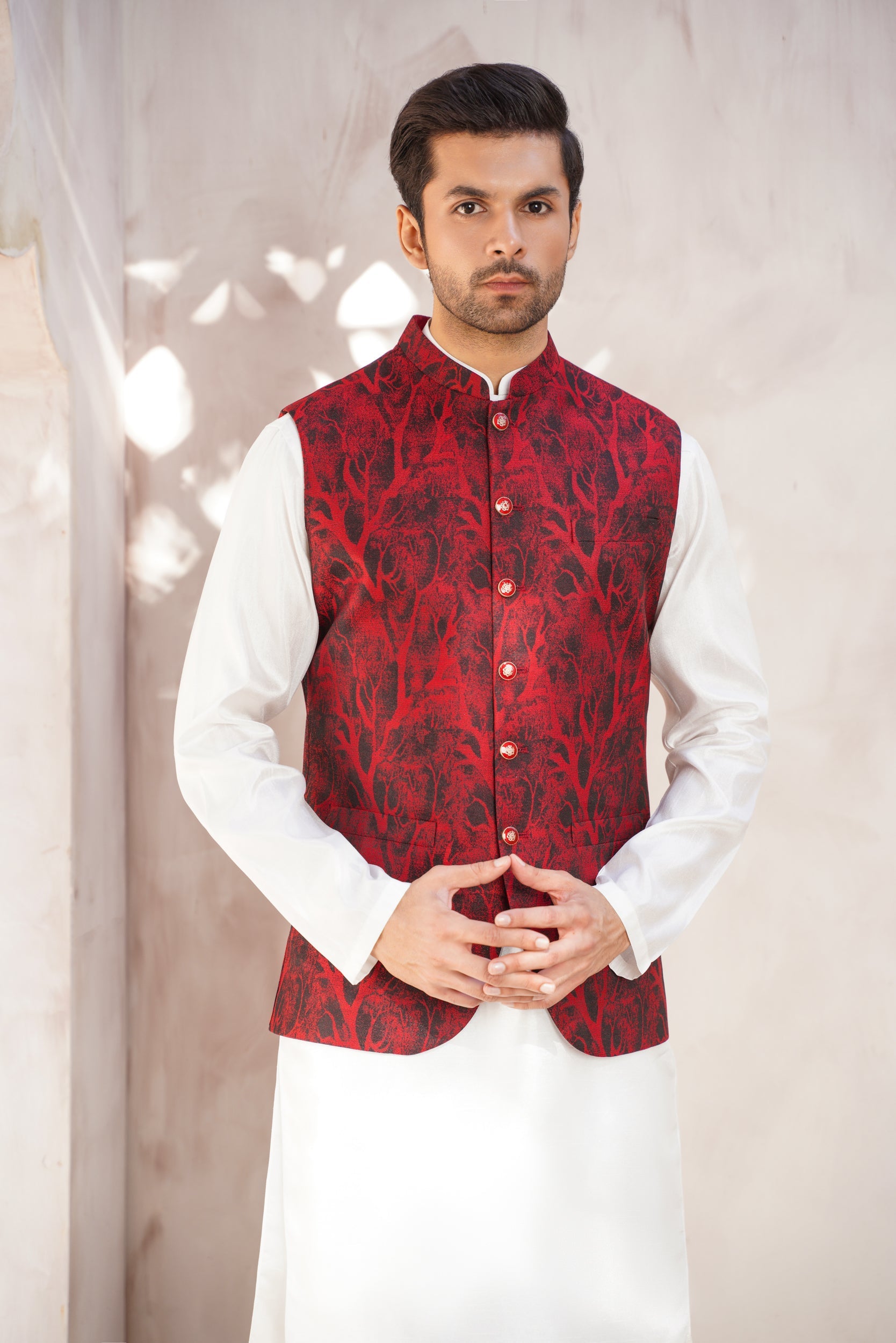 Red self  Design Jaquard waistcoat