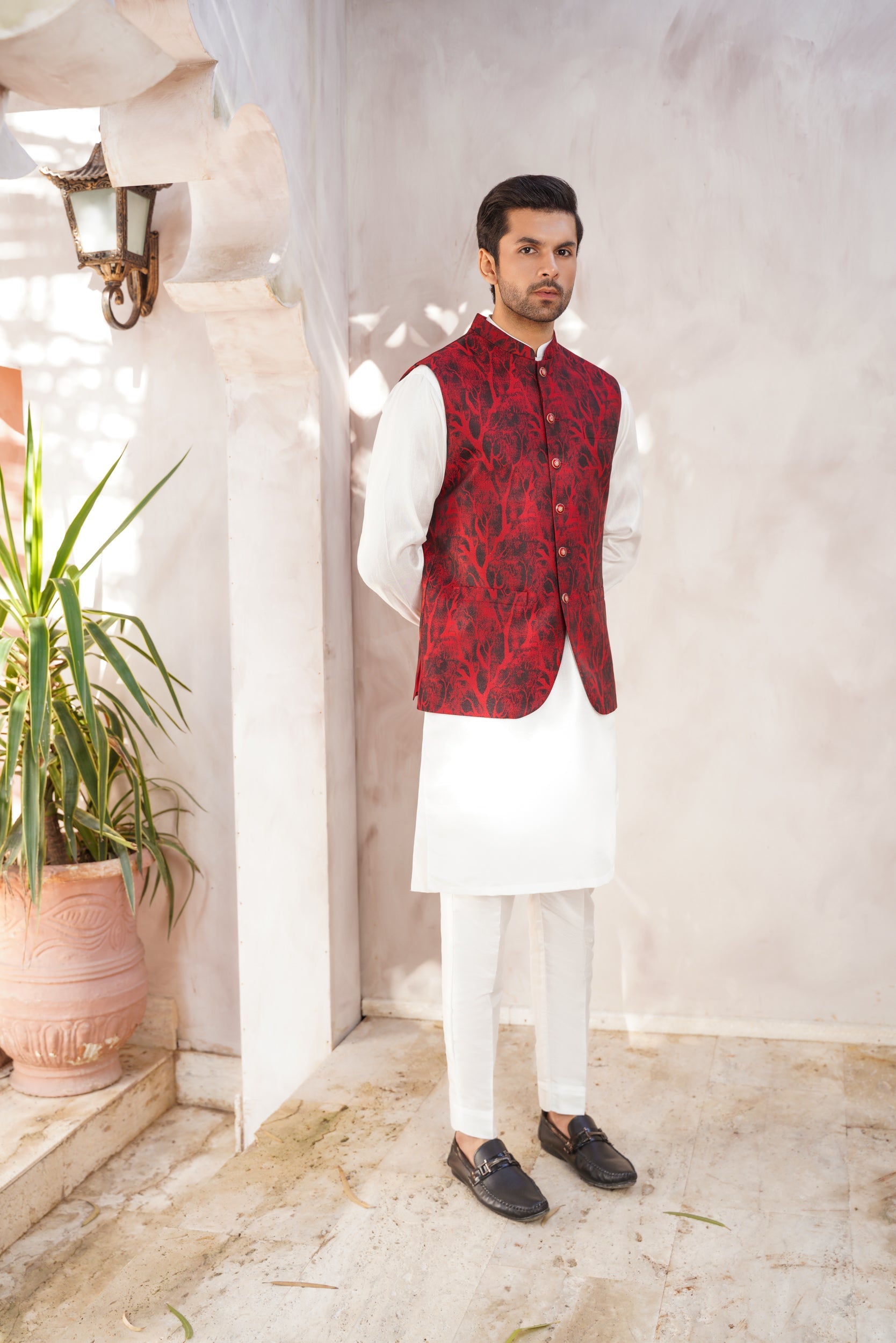 Red self  Design Jaquard waistcoat