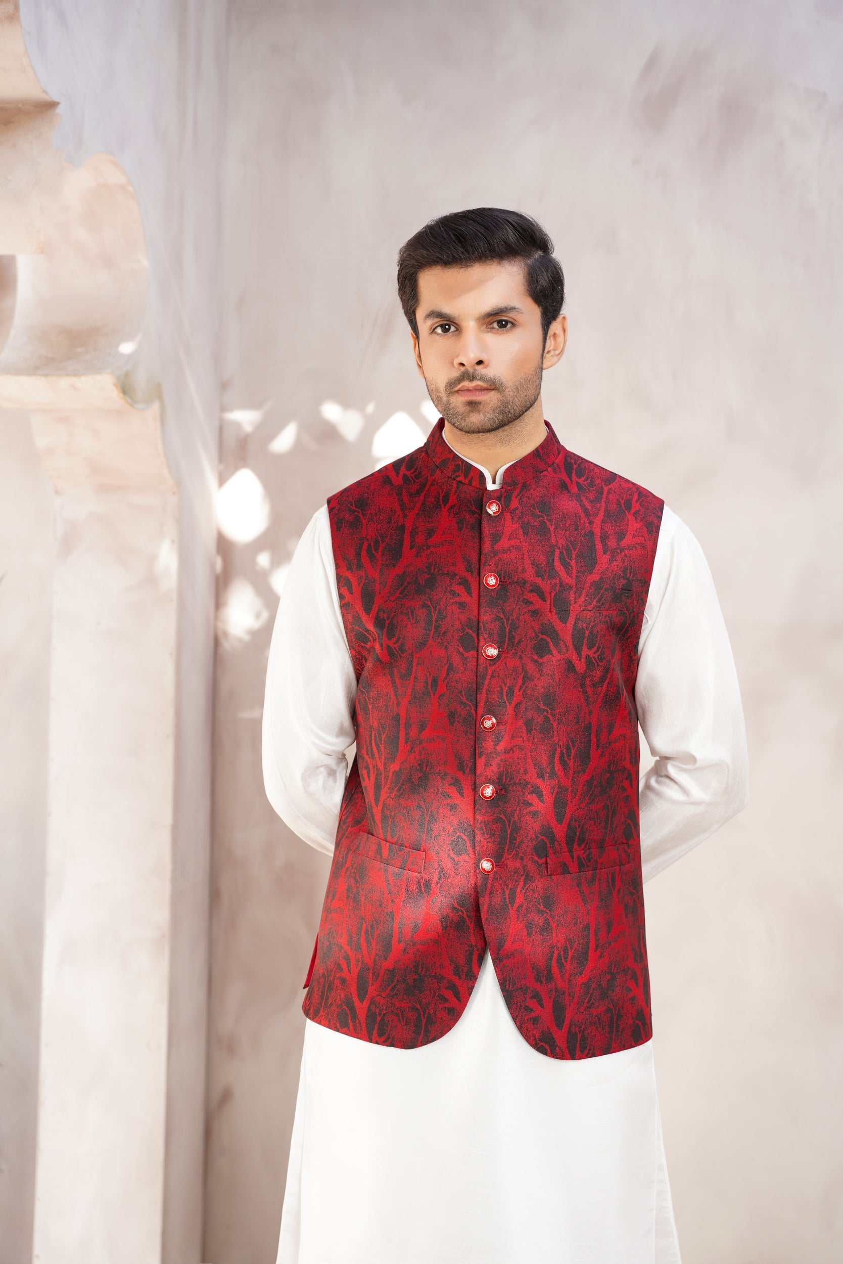 Red self  Design Jaquard waistcoat